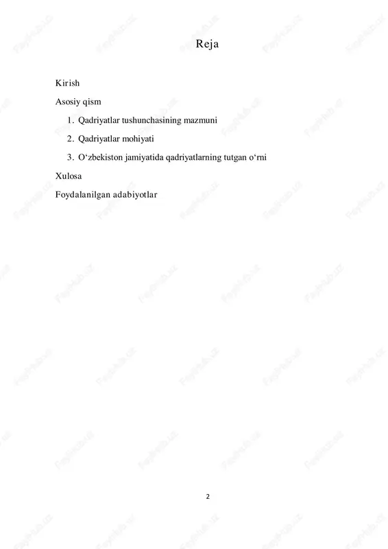 insoniy qadriyatlar o‘rtasidagi farqlar va uyg‘unlik, shuningdek, qadriyatlarni shakllantirish va saqlash muhimligi haqida kengroq tahlil beriladi. shu bilan birga, qadriyatlarning bugungi kunda jamiyat taraqqiyotidagi roli va ahamiyati ham ko‘rib chiqiladi. 4 1. qadriyatlar tushunchasining mazmuni qadriyatlar tushunchasi ko‘p qirralidir va uni turli fan sohalarida turlicha talqin qilish mumkin. umuman olganda, qadriyatlar — bu inson va jamiyat uchun muhim bo‘lgan, ularning hayotida ustuvor o‘rin tutadigan, ijtimoiy-ma'naviy, axloqiy, madaniy, estetik va boshqa jihatlarni o‘z ichiga olgan tamoyil va mezonlardir. falsafiy nuqtai nazardan qaraganda, qadriyatlar insonning dunyoqarashi va axloqiy me'yorlarini shakllantiruvchi, uning hayotiy maqsadlari va harakatlarini boshqaruvchi asosiy tamoyillar sifatida ko‘riladi. ular shaxs va jamiyat uchun qadrli bo‘lgan narsalar, maqsadlar, ideallar va prinsiplarni ifodalaydi. sotsiologiyada qadriyatlar — jamiyat a'zolari tomonidan qadrli deb topilgan axloqiy, madaniy va ijtimoiy me'yorlar, qoidalardir. ular jamiyat hayotida barqarorlik va tartibni ta'minlashda asosiy vosita hisoblanadi. qadriyatlar jamiyatning ijtimoiy institutlari, urf-odatlari va an'analariga singib ketgan bo‘lib, ularni saqlab qolish va …