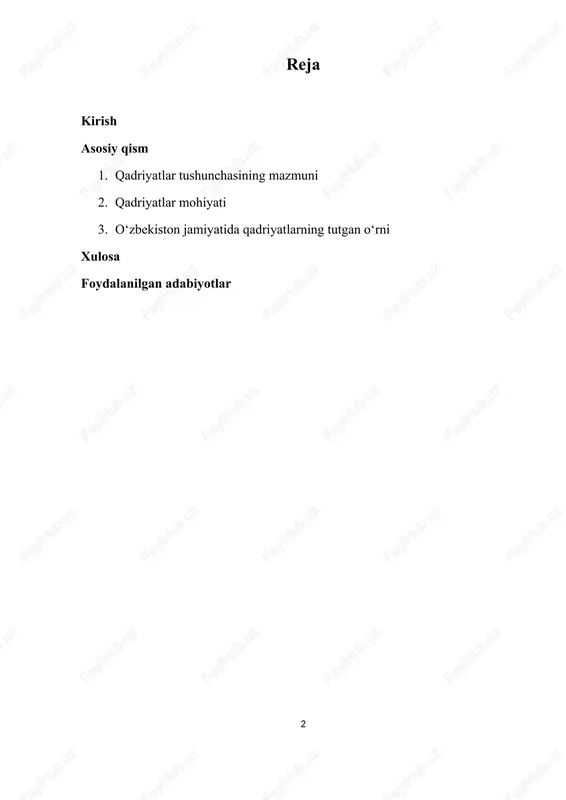 y qadriyatlar o‘rtasidagi farqlar va uyg‘unlik, shuningdek, qadriyatlarni shakllantirish va saqlash muhimligi haqida kengroq tahlil beriladi. shu bilan birga, qadriyatlarning bugungi kunda jamiyat taraqqiyotidagi roli va ahamiyati ham ko‘rib chiqiladi. 1. qadriyatlar tushunchasining mazmuni qadriyatlar tushunchasi ko‘p qirralidir va uni turli fan sohalarida turlicha talqin qilish mumkin. umuman olganda, qadriyatlar — bu inson va jamiyat uchun muhim bo‘lgan, ularning hayotida ustuvor o‘rin tutadigan, ijtimoiy-ma'naviy, axloqiy, madaniy, estetik va boshqa jihatlarni o‘z ichiga olgan tamoyil va mezonlardir. falsafiy nuqtai nazardan qaraganda, qadriyatlar insonning dunyoqarashi va axloqiy me'yorlarini shakllantiruvchi, uning hayotiy maqsadlari va harakatlarini boshqaruvchi asosiy tamoyillar sifatida ko‘riladi. ular shaxs va jamiyat uchun qadrli bo‘lgan narsalar, maqsadlar, ideallar va prinsiplarni ifodalaydi. sotsiologiyada qadriyatlar — jamiyat a'zolari tomonidan qadrli deb topilgan axloqiy, madaniy va ijtimoiy me'yorlar, qoidalardir. ular jamiyat hayotida barqarorlik va tartibni ta'minlashda asosiy vosita hisoblanadi. qadriyatlar jamiyatning ijtimoiy institutlari, urf-odatlari va an'analariga singib ketgan bo‘lib, ularni saqlab qolish va rivojlantirish …