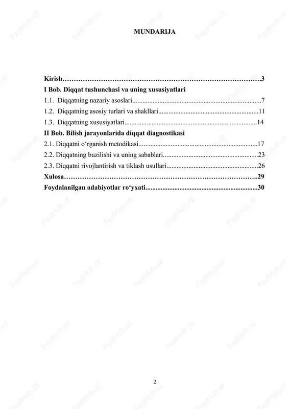 lar orasida diqqat yetishmovchiligi sindromi (adhd) kabi muammolarning keng tarqalganligi ushbu mavzuni yanada dolzarb qiladi.[footnoteref:1] [1: gulomov, a. (2015). pedagogik psixologiya. tashkent: ma’naviyat va marifat. ] ta’lim va ishlab chiqarish sohalarida ham diqqatning diagnostikasi va rivojlanishiga katta e’tibor berilmoqda, chunki bu jarayonlarning samaradorligini oshirishga xizmat qiladi. shuning uchun, diqqatni o‘rganish, uning buzilish sabablari va ularga qarshi kurashish usullarini ishlab chiqish bugungi kunda psixologiya va pedagogika sohasining muhim vazifalaridan biridir. ushbu mavzuni o‘rganish nafaqat diqqatning mohiyatini chuqurroq anglashga yordam beradi, balki amaliy jihatdan uni boshqarish va rivojlantirishga oid samarali yo‘llarni ishlab chiqishda ham foydali bo‘ladi. tadqiqotning maqsadi: ushbu kurs ishining maqsadi – bilish jarayonlarida diqqatning o‘rni va ahamiyatini aniqlash, diqqatni diagnostika qilish usullarini o‘rganish va uning rivojlanishiga ta’sir ko‘rsatadigan omillarni tahlil qilishdir. tadqiqot quyidagi asosiy maqsadlarni o‘z ichiga oladi: · diqqatning nazariy asoslarini o‘rganish va uning psixologik xususiyatlarini aniqlash. · diqqatni diagnostika qilish uchun mavjud metod va usullarni tahlil qilish. · …