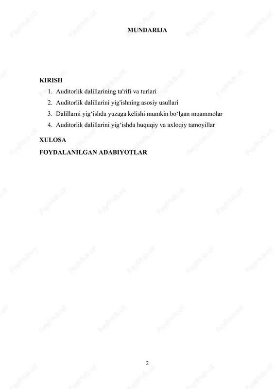 anday kamchilik yoki noto‘g‘ri dalil auditorlik xulosasining to‘g‘riligiga salbiy ta'sir ko‘rsatishi mumkin. auditorlik dalillarini yig‘ishning samarali usullari auditorlik jarayonining muvaffaqiyatiga katta ta'sir ko‘rsatadi. agar dalillar ishonchli va to‘liq bo‘lsa, auditor tashkilotning moliyaviy holati va uning hisob-kitoblari haqida haqqoniy va aniq xulosalar chiqarishi mumkin. bunday xulosalar esa, o‘z navbatida, tashkilotning moliyaviy holatiga bo‘lgan ishonchni oshiradi va turli manfaatdor tomonlar (masalan, investorlar, soliq organlari va boshqalar) uchun muhim qarorlar qabul qilishda asos bo‘ladi. ushbu referatda auditorlik dalillarining turlari, ularni yig‘ish usullari va dalillar yig‘ishda yuzaga kelishi mumkin bo‘lgan muammolar haqida so‘z boradi. 1. auditorlik dalillarining ta'rifi va turlari auditorlik dalillari – bu auditorlar tomonidan tashkilotning moliyaviy hisobotlari va operatsion faoliyatini tekshirish, shuningdek, ularning ishonchliligi va to‘g‘riligini tasdiqlash uchun to‘plangan barcha turdagi ma'lumotlar va hujjatlardir. auditorlar dalillarni yig‘ish jarayonida o‘z faoliyatlarini ishonchli asosda olib borishlari uchun har bir dalilni sinchkovlik bilan tahlil qilishadi. auditorlik dalillarining asosiy maqsadi auditorga kompaniyaning moliyaviy holatini to‘g‘ri baholash …