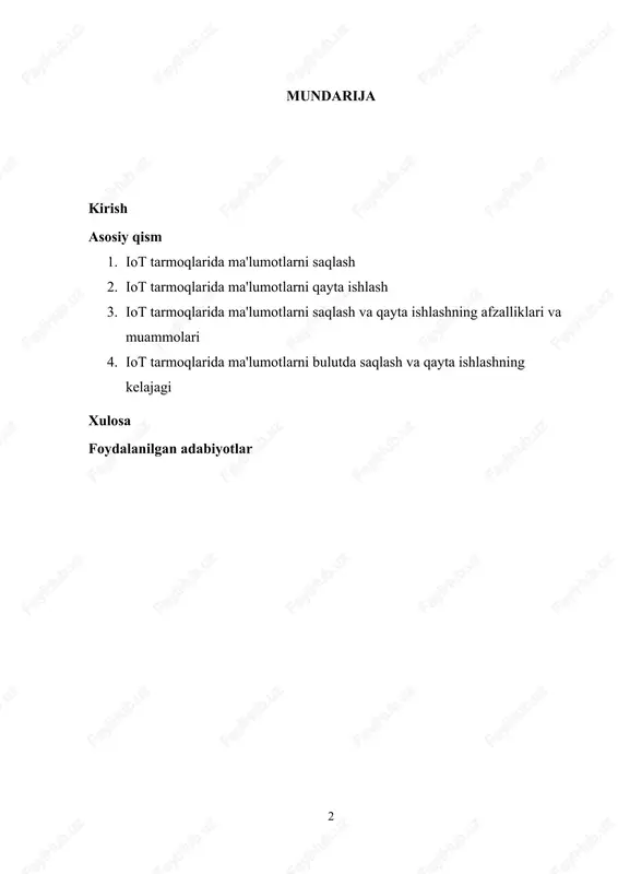tlarni saqlash va qayta ishlash uchun bulut texnologiyalarining qanday qo'llanilayotgani, ularning iot tizimlariga qanday integratsiya qilinishi, hamda bulutli xizmatlar yordamida ma'lumot xavfsizligi va maxfiyligini ta'minlash usullari ko'rib chiqiladi. ish davomida iot tarmoqlarida ma'lumotlar oqimi, saqlash va qayta ishlash jarayonlari, bulut texnologiyalarining iot tizimlaridagi o'rni va kelajakdagi rivojlanish istiqbollari haqida to'liq ma'lumot beriladi. bu ishda iot va bulut texnologiyalari o'rtasidagi o'zaro aloqaning muhim jihatlari va bu jarayonlarning amaliy qo'llanilishi taqdim etiladi. 1. iot tarmoqlarida ma'lumotlarni saqlash iot tizimlarining asosiy funktsiyasi – real vaqt rejimida ma'lumotlarni yig'ish va ularga tarmoq orqali uzatishdir. iot qurilmalari turli xil sensorlar va aktuatorlar yordamida ma'lumotlarni yig'adi, masalan, harorat, namlik, harakat, bosim, yoki boshqa fizik ko'rsatkichlar. ushbu ma'lumotlar sensorlardan to'plangan va ularga asoslangan ko'rsatkichlar tarmoq orqali markaziy tizimga yoki bulutga uzatiladi. iot qurilmalarining ma'lumot yig'ish jarayoni quyidagi bosqichlardan iborat: · sensorlar tomonidan ma'lumotlarni o'lchash: iot qurilmalari turli xil sensorlar yordamida atrof-muhitdan ma'lumotlarni o'lchaydi va qayd etadi. · …