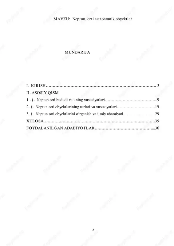fan sohalarining, jumladan, astronomiya, fizika va astrofizika yo‘nalishlarining rivoji uchun moddiy-texnik bazani mustahkamlash, yoshlarni ilmiy izlanishlarga keng jalb qilish, xalqaro hamkorlikni kuchaytirish vazifalari belgilab berilgan. shuningdek, 2020-yil 29-oktabrda qabul qilingan “2020–2030 yillarda o‘zbekiston respublikasida ilmiy-tadqiqot va innovatsion faoliyatni rivojlantirish strategiyasi to‘g‘risida”gi pf-6097-sonli farmonda ham zamonaviy fan sohalarida, xususan, kosmik tadqiqotlar va astrofizikaga oid ilmiy ishlanmalarni qo‘llab-quvvatlash alohida vazifa sifatida qayd etilgan. 1 mirziyoyev sh. m. (2017). o‘zbekiston respublikasi prezidenti tomonidan qabul qilingan qarorlar, farmonlar va strategik maqsadlar. toshkent: o‘zbekiston davlat nashriyoti. 4 quyosh sistemasining chekka hududlari — xususan, neptun orti fazosi — bugungi kunda global ilmiy izlanishlarning markaziga aylangan. bu hududda joylashgan obyektlar, ya’ni neptun orti obyektlari (noo) quyosh sistemasi shakllanishining dastlabki bosqichlari haqida noyob ma’lumotlar beradi. ana shunday obyektlarning tarkibi, orbital harakati va tasnifini o‘rganish orqali astronomiya fanining eng dolzarb savollariga javob topish mumkin. neptun orti fazosining tabiati, u yerdagi obyektlarning turlari, fizik va dinamik xususiyatlarini chuqur o‘rganish, hamda …