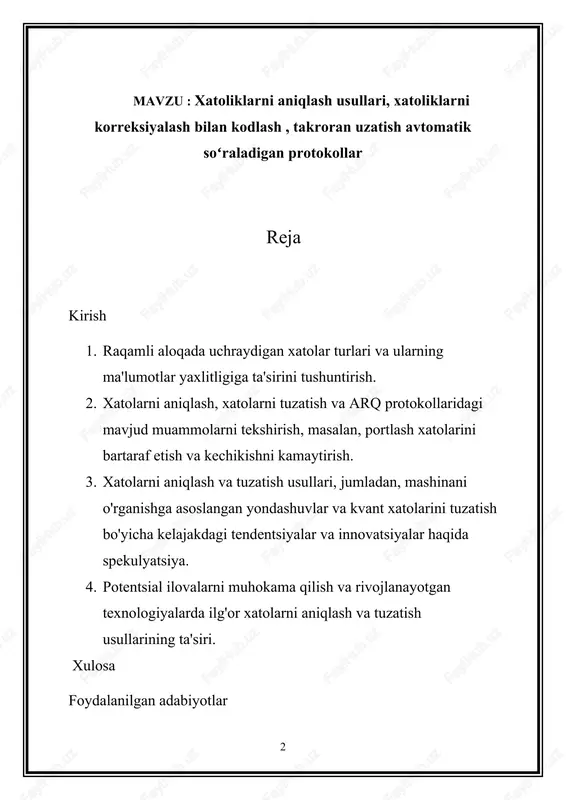 rining asosiy jihati hisoblanadi. ushbu usullar ma'lumotlarni uzatish jarayonida yuzaga kelishi mumkin bo'lgan xatolarni aniqlash, tuzatish va tiklash uchun mo'ljallangan va shu bilan ishonchli va xatosiz aloqani ta'minlaydi. xatolarni aniqlash usullari uzatilgan ma'lumotlarga ortiqcha ma'lumotlarni qo'shishni o'z ichiga oladi, bu qabul qiluvchilarga qabul qilingan ma'lumotlarni kutilgan qiymatlar bilan taqqoslash orqali xatolar mavjudligini aniqlash imkonini beradi. xatolarni aniqlashning keng tarqalgan usullari orasida paritet tekshiruvlari, nazorat summalari, tsiklik ortiqcha tekshiruvlar (crc) va xesh funktsiyalari mavjud. ushbu usullar xatolarni aniqlash vositalarini taqdim etadi, ammo ularni tuzatish mexanizmlarini ta'minlamaydi. boshqa tomondan, xatolarni tuzatish kodlari uzatilgan ma'lumotlarga qo'shimcha ortiqcha kiritish orqali bir qadam oldinga boradi, shunda xatolar nafaqat aniqlanishi, balki qabul qiluvchining oxirida ham tuzatilishi mumkin. xatolarni tuzatish kodlari, masalan, hamming kodlari, reed-solomon kodlari va konvolyutsion kodlar qabul qiluvchilarga xatolar mavjud bo'lganda ham asl ma'lumotlarni qayta tiklashga imkon beradi. xatolarni tuzatish kodlash orqali xatolarni to'liq bartaraf etish mumkin bo'lmagan hollarda, avtomatik takrorlash so'rovi (arq) protokollari …