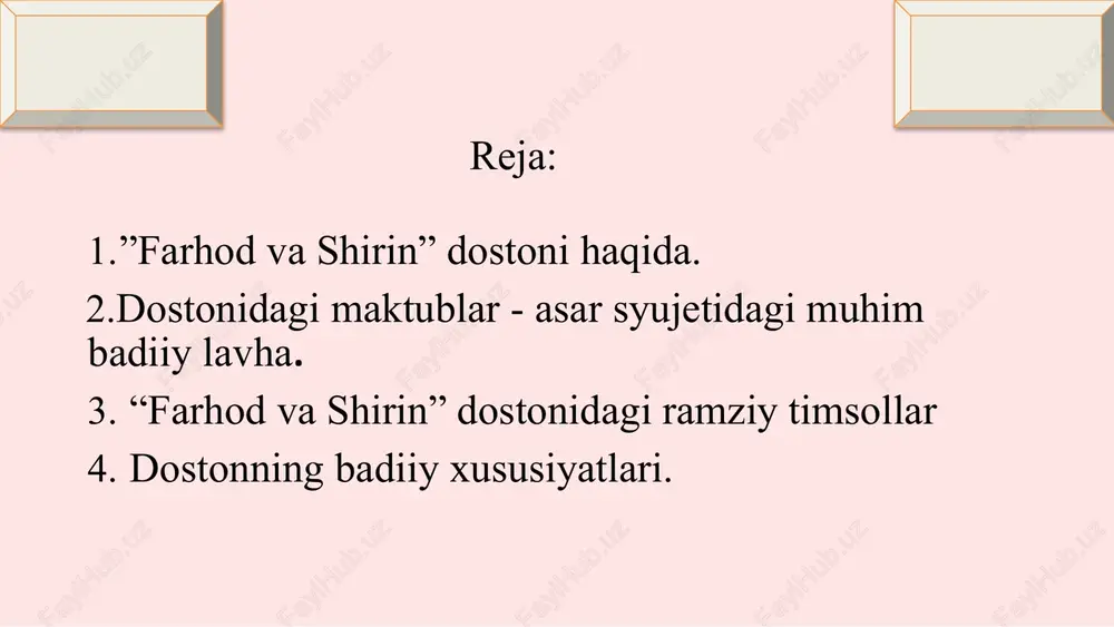 o‘zlarini bosh harflarini qo‘shgan edi, farhod ismi hosil bo‘ldi. chaqaloqni pokiza zotini ko‘rgan ishq ham unga farhod ismini qo‘ygan va uni firoq, rashk, hajr, oh va dard so‘zlarini bosh harflarini tanlagan edi. badiy asar syujeti badiiy shakilning eng muhim elementlaridan biri bo‘lib, asarda bir biriga uzviy bog‘liq holda kechadigan, qahramonlarning xati- harakatidan tarkib topuvchi voqealar tizimini anglatadi. jumladan, farhodning iskandar ko‘zgu tilsimini yechishga ishtiyoqi, yunon mamlakatiga lashkar tortib borishi, ajdarho va ahiraman dev bilan jangi kabi voqealar asarga hech bir zo‘rakiliksiz, o‘quvchi xayolini band etgan farhod-shirin linyasiga uzviy bog‘langan holda olib kiradi va muhimi, ular shoirga vatanparvarlik, adolatparvarlik, xalqlar hamdo‘stligi muammolarini atroflicha badiiy tadqiq qilish, fikrlarni ifodalash imkonini yaratdi. navoiy o‘zining «farhod va shirin» dostonidagi farhodning shiringa va shirinning farhodga yozgan maktublarida nizomiy va dehlaviy dostonidagi noma an’analarini davom ettirgan.“farhod va shirin” dostoni o‘zining tuzilishi, obrazlari, badiiy xususiyatlari jihatndan shu janrdagi yangi original asardir. chunki navoiyga qadar bunday xarakterdagi boshqa …