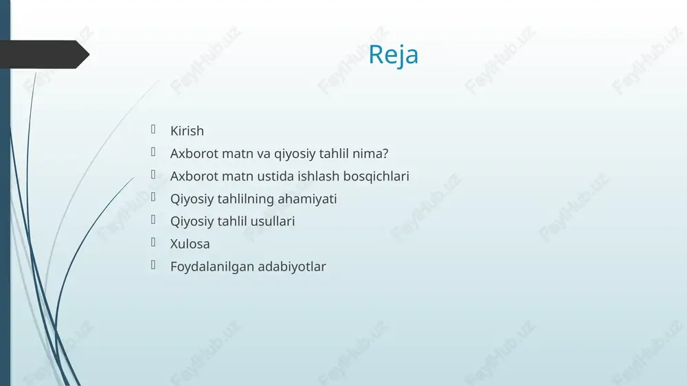 sh uchun zarur. fikrlash va tahlil ko‘nikmalarini rivojlantiradi — tanqidiy fikrlashni oshiradi. qiyosiy tahlil usullari mazmun bo‘yicha qiyoslash: matnlarning asosiy mavzusi va g‘oyalarini solishtirish. til va uslub bo‘yicha: ifoda shakllari, so‘z boyligi, yozish uslubi. tuzilish bo‘yicha: kirish, rivojlantirish va xulosa qismidagi farqlarni aniqlash. muallif nuqtai nazari bo‘yicha: fikrlar, qarashlar va munosabatlarni solishtirish. xulosa axborot matn ustida ishlash va qiyosiy tahlil qilish orqali biz matnlarning mazmunini chuqurroq tushunish imkoniga ega bo‘lamiz. qiyosiy tahlil yordamida matnlarning o‘xshash va farqli tomonlarini aniqlab, mualliflarning fikr va nuqtai nazarlarini yaxshiroq anglaymiz. bu jarayon fikrlash va tahlil qilish ko‘nikmalarimizni rivojlantiradi hamda bilimlarimizni mustahkamlaydi. shu bois, axborot matnlar ustida muntazam ishlash va qiyosiy tahlil qilish orqali o‘rganish sifatini oshirish mumkin. foydalanilgan adabiyotlar o‘zbekiston respublikasi ta’lim vazirligi. o‘zbek tili va adabiyoti o‘quv qo‘llanmasi. toshkent, 2020. karimov sh. matn tahlili va uning usullari. toshkent, 2018. qodirov a. axborot matnlar ustida ishlash texnologiyasi. samarqand, 2019. ergashev i. adabiy tahlil asoslari. …