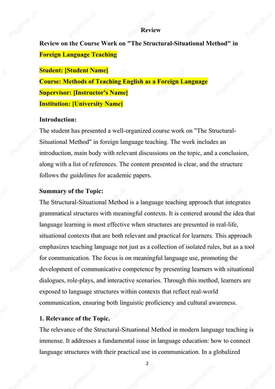 the topic. the relevance of the structural-situational method in modern language teaching is immense. it addresses a fundamental issue in language education: how to connect language structures with their practical use in communication. in a globalized world where communication across cultures is essential, this approach proves invaluable for developing not only linguistic skills but also cultural understanding and intercultural competence. the student has captured this aspect well, explaining how the method fosters better communication skills by teaching language through meaningful contexts. 2. goals achieved in the research. the following goals set in the research have been achieved effectively: · to explore the theoretical foundations of the structural-situational method and its practical application in foreign language teaching. · to explain how the integration of language structures and contextual situations enhances learners’ ability to use language fluently and accurately. · to demonstrate the role of the method in motivating students by providing …