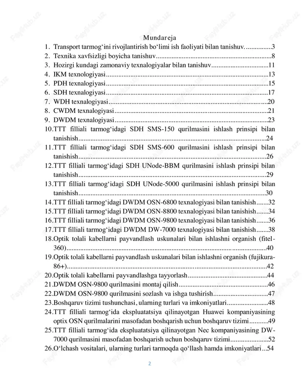 ...........................................................................................30 14. ttt filliali tarmogʻidagi dwdm osn-6800 texnalogiyasi bilan tanishish.......32 15. ttt filliali tarmogʻidagi dwdm osn-8800 texnalogiyasi bilan tanishish.......34 16. ttt filliali tarmogʻidagi dwdm osn-9800 texnalogiyasi bilan tanishish.......36 17. ttt filliali tarmogʻidagi dwdm dw-7000 texnalogiyasi bilan tanishish.......38 18. optik tolali kabellarni payvandlash uskunalari bilan ishlashni organish (fitel- 360)................................................................................................ ....................40 19. optik tolali kabellarni payvandlash uskunalari bilan ishlashni organish (fujikura- 86+)....................................................................................................................42 20. optik tolali kabellarni payvandlashga tayyorlash..............................................44 21. dwdm osn-9800 qurilmasini montaj qilish....................................................46 22. dwdm osn-9800 qurilmasini sozlash va ishga tushirish................................47 23. boshqaruv tizimi tushunchasi, ularning turlari va imkoniyatlari........................48 24. ttt filliali tarmogʻida ekspluatatsiya qilinayotgan huawei kompaniyasining optix osn qurilmalarini masofadan boshqarish uchun boshqaruv tizimi...........49 25. ttt filliali tarmogʻida ekspluatatsiya qilinayotgan nec kompaniyasining dw- 7000 qurilmasini masofadan boshqarish uchun boshqaruv tizimi......................52 26. oʻlchash vositalari, ularning turlari tarmoqda qoʻllash hamda imkoniyatlari...54 3 korxona bilan tanishuv 21.06.2024 transport tarmogʻini rivojlantirish boʻlimi ish faoliyati bilan tanishuv “o‘zbektelekom” ak haqida umumiy ma’lumot "o‘zbektelekom" aksiyadorlik kompaniyasi …
