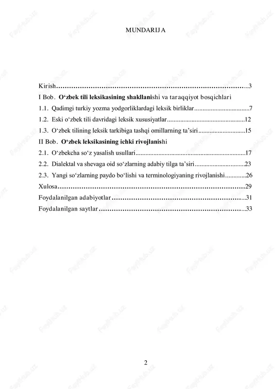 ning leksik tarkibida yuz bergan oʻzgarishlar alohida oʻrganiladi. ushbu tadqiqotning maqsadi oʻzbek tilining tarixiy taraqqiyotini leksik nuqtayi nazardan oʻrganish, uning shakllanishiga ta’sir etgan omillarni aniqlash va bugungi kunga qadar qanday oʻzgarishlarga uchraganini tahlil qilishdan iboratdir. tadqiqot jarayonida tarixiy manbalar, ilmiy adabiyotlar va zamonaviy tadqiqotlardan foydalaniladi. oʻzbek tili xalqimizning boy madaniy merosi va milliy o‘zligining asosiy ifodachisi hisoblanadi. mamlakatimizda ona tilimizning rivojlanishi, uning xalqaro maydondagi nufuzini oshirish va ilmiy asosda o‘rganish masalalariga katta e’tibor qaratilmoqda. bu borada o‘zbekiston respublikasi prezidenti tomonidan qabul qilingan muhim qaror va farmonlar o‘zbek tilining davlat tili sifatidagi mavqeini mustahkamlashga xizmat qilmoqda.1 xususan, "o‘zbek tilining davlat tili sifatidagi nufuzi va ahamiyatini tubdan oshirish chora-tadbirlari to‘g‘risida" 2019-yil 21-oktabrda qabul qilingan o‘zbekiston respublikasi prezidentining pq–5850-sonli qarori o‘zbek tilining rivojlanishi va xalqaro miqyosda nufuzini oshirishga qaratilgan muhim hujjatlardan biri hisoblanadi. mazkur qarorda o‘zbek tilining rasmiy hujjatlar, ilm-fan, 1 o‘zbekiston respublikasi prezidentining 2019-yil 21-oktabrdagi pf-5850-son farmoni. "o‘zbek tilining davlat tili sifatidagi …