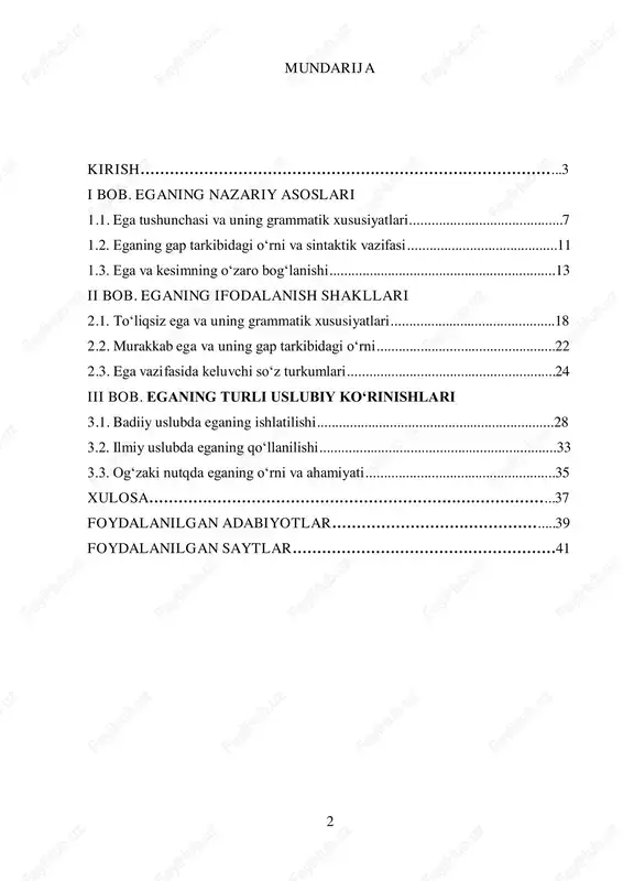 ili sifatida maqomini mustahkamlash va uning rivojlanishiga keng yo‘l ochish maqsadida qator normativ-huquqiy hujjatlar qabul qilingan. xususan, o‘zbekiston respublikasi prezidenti tomonidan imzolangan qarorlar tilshunoslikning turli yo‘nalishlarini, jumladan, sintaktik tuzilishini o‘rganish va rivojlantirish uchun muhim asos bo‘lib xizmat qiladi. prezident shavkat mirziyoyevning “o‘zbek tilining xalqaro mavqeini mustahkamlash va respublikada til siyosatini takomillashtirish chora-tadbirlari to‘g‘risida” 2020-yil 20-oktabrdagi pq-6084-sonli qarorida davlat tilining ilmiy- nazariy va amaliy jihatdan rivojlanishiga alohida e’tibor qaratilgan. ushbu qarorda o‘zbek tili grammatikasi va uning tuzilishini chuqur tadqiq etish, ilmiy-uslubiy jihatdan takomillashtirish, zamonaviy lingvistik yondashuvlarni qo‘llash zarurligi ta’kidlangan.1 shuningdek, “o‘zbek tilining yanada rivojlantirish va qo‘llash sohasini kengaytirish chora-tadbirlari to‘g‘risida” 2019-yil 21-oktabrdagi pq-5850-sonli prezident qarorida til me’yorlarini rivojlantirish, davlat tilining xalqaro maydondagi nufuzini oshirish hamda uning ilmiy tadqiqotlarini kengaytirish bo‘yicha vazifalar belgilangan. mazkur hujjatlar o‘zbek tilining sintaktik qurilishi, shu jumladan, gapning asosiy bo‘laklari, ega va uning ifodalanish shakllarini tadqiq etishda muhim omil bo‘lib xizmat qiladi. mazkur kurs ishi aynan ana shu …