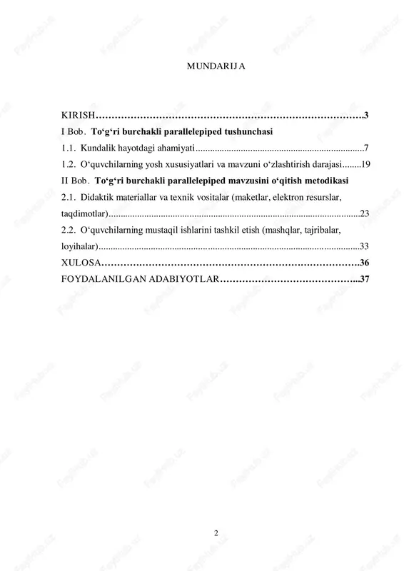 ining 2017- yil 25-yanvardagi pq-2789-sonli "xalq ta’limi tizimini yanada takomillashtirish chora-tadbirlari to‘g‘risida"gi qarorida boshlang‘ich ta’lim sifatini oshirish, o‘quvchilarning ijodiy va mantiqiy fikrlash qobiliyatlarini rivojlantirish, matematika fanini zamonaviy metodlar asosida o‘qitish muhim vazifa sifatida belgilangan.1 shuningdek, 2019-yil 29-apreldagi pq-4307-sonli "matematika fanini rivojlantirish va sifatini oshirish chora-tadbirlari to‘g‘risida"gi prezident qarori asosida maktablarda matematika fanini o‘qitish samaradorligini oshirish, zamonaviy pedagogik texnologiyalarni keng joriy etish hamda o‘qituvchilarning malakasini oshirishga katta e’tibor qaratilmoqda. mazkur hujjat asosida matematika fanining boshlang‘ich bosqichdan to‘g‘ri va tizimli o‘qitilishi ta’minlanmoqda. shuningdek, 2020-yil 6-noyabrdagi pf-6108-sonli "fanlarni chuqur o‘qitish va ta’lim sifatini oshirish bo‘yicha kompleks chora-tadbirlar" farmonida ham boshlang‘ich sinflardan boshlab o‘quvchilarga aniq fanlarni o‘qitishning zamonaviy metodlarini ishlab chiqish va joriy etish masalalari ilgari surilgan. ushbu farmon 1 o‘zbekiston respublikasi prezidentining 2017-yil 25-yanvardagi "xalq ta’limi tizimini yanada takomillashtirish chora-tadbirlari to‘g‘risida"gi pq-2789-sonli qarori. 4 asosida maktab ta’limida geometriya elementlarini bosqichma-bosqich o‘rgatish va o‘quvchilarning fazoviy tafakkurini rivojlantirish zarurligi ta’kidlangan. ushbu kurs ishida 4-sinf matematika …