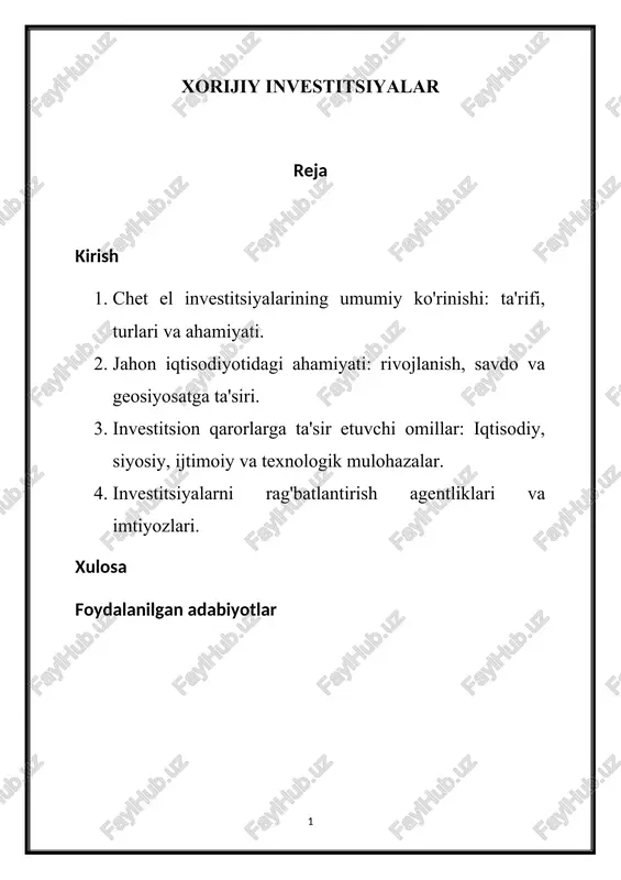 ochib berish va uning butun dunyo bo'ylab davlatlar, biznes va jamiyatlar uchun oqibatlarini aniqlash. qattiq tahlil, empirik surishtiruv va tanqidiy mulohaza yuritish orqali biz xorijiy investitsiyalarning omillari, usullari va ta’sirini o‘rganamiz, uning iqtisodiy rivojlanish katalizatori, innovatsiyalar katalizatori va global o‘zaro bog‘liqlik xabarchisi sifatidagi rolini yoritib beramiz. ushbu intellektual hududni bosib o'tishda biz sizni xorijiy investitsiyalar sirlarini ochishda biz bilan birga bo'lishga, ruhli suhbatlar o'tkazishga va intizom chegaralarini kesib o'tadigan va bilim va idrokning yangi manzaralarini ochadigan kashfiyotlar sayohatiga kirishishga taklif qilamiz. keling, birgalikda o'tmishni tushunishga, bugungi kunni boshqarishga va doimiy rivojlanayotgan dunyoda xorijiy investitsiyalarning kelajagini shakllantirishga intilamiz. 1. chet el investitsiyalarining umumiy ko'rinishi: ta'rifi, turlari va ahamiyati. ko'pincha xalqaro investitsiyalar yoki transchegaraviy investitsiyalar deb ataladigan xorijiy investitsiyalar global iqtisodiy landshaftning muhim jihatini tashkil qiladi. o'z mohiyatiga ko'ra, xorijiy investitsiyalar iqtisodiy daromad yoki strategik ustunliklarni yaratish maqsadida milliy chegaralar orqali kapital, resurslar yoki aktivlarni joylashtirishni o'z ichiga oladi. ushbu asosiy kontseptsiya …