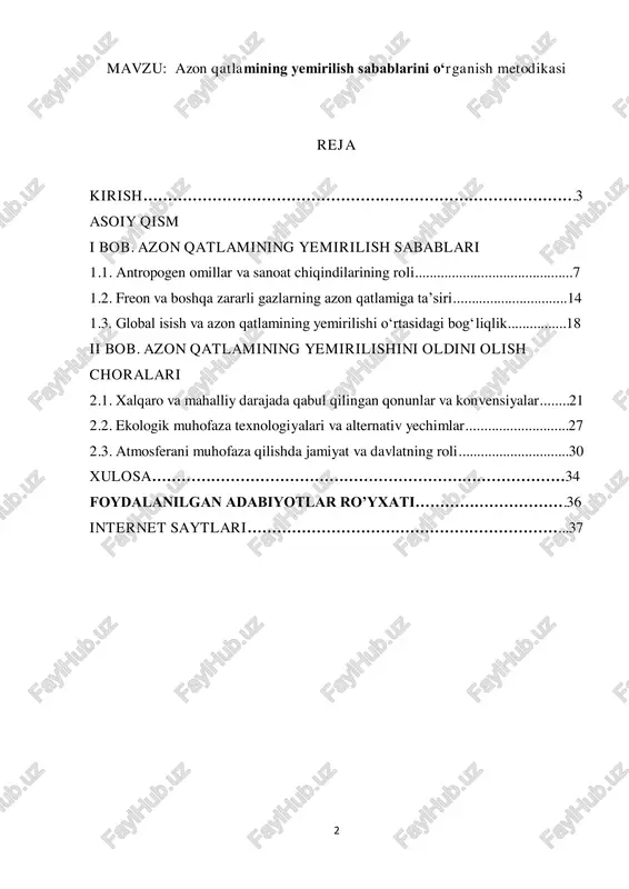nmoqda. tadqiqot natijalari nafaqat nazariy jihatdan, balki amaliy jihatdan ham muhim ahamiyat kasb etadi. ishda ekologik muhofaza choralari va xalqaro tashabbuslar tahlil qilinib, kelajak avlod uchun barqaror ekologik muhitni saqlab qolish bo‘yicha tavsiyalar beriladi. hozirgi kunda ekologik muammolar global miqyosda dolzarb masalalardan biri bo‘lib, ulardan biri – azon qatlamining yemirilishi hisoblanadi. azon qatlami insoniyat va yer yuzidagi barcha tirik organizmlar uchun himoya vositasi bo‘lib, quyoshdan kelayotgan zararli ultrabinafsha nurlarini ushlab qoladi. biroq sanoat chiqindilari, freon gazlari va boshqa zararli moddalar ta’sirida azon qatlamining yemirilishi jadallashib bormoqda. ushbu jarayon global iqlim o‘zgarishi, inson salomatligi, qishloq xo‘jaligi va biologik xilma-xillikka jiddiy xavf tug‘diradi.1 o‘zbekiston respublikasi ekologik muammolar, jumladan, azon qatlamining yemirilishiga qarshi kurashish bo‘yicha xalqaro majburiyatlarni bajarishga alohida e’tibor qaratmoqda. xususan, o‘zbekiston respublikasi prezidenti tomonidan qabul qilingan “2030-yilgacha bo‘lgan davrda o‘zbekiston respublikasining atrof-muhitni muhofaza qilish konsepsiyasini tasdiqlash to‘g‘risida”gi pf- 1 o‘zbekiston respublikasi konstitutsiyasi. – toshkent: o‘zbekiston, 2023. (45-50-betlar) 4 5863-son farmon (2019-yil …