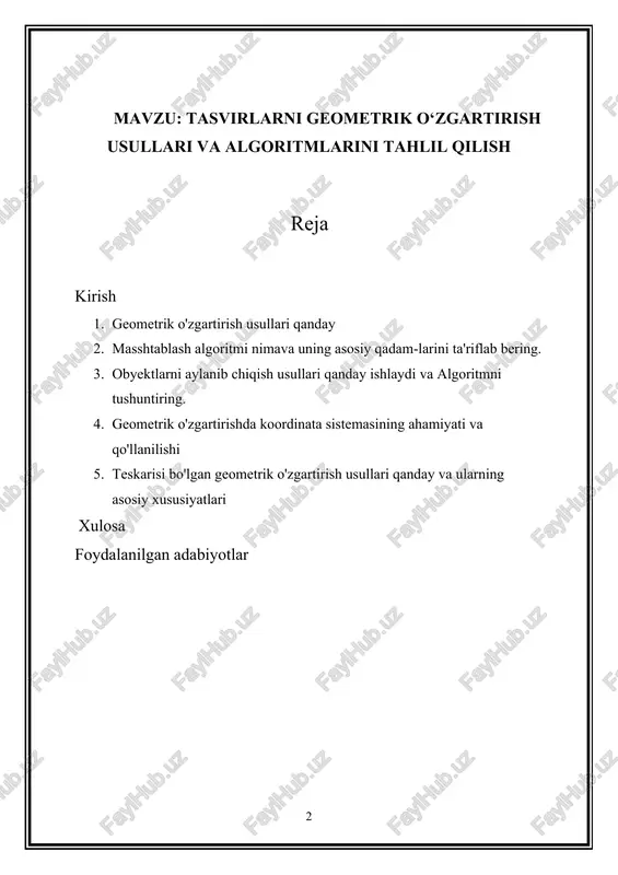 faktorga ko'paytirish yoki kamaytirish orqali o'lchamini o'zgartirishni amalga oshiradi. aylanib chiqish (translation) algoritmi tasvirlarni koordinata sistemasida boshqa joyga olib o'tkazadi. bu amal tasvirni boshqa koordinatalar bo'yicha ko'chirish orqali amalga oshiriladi. teskarisi bo'lgan o'zgartirishlar, tasvirlarni o'z oxirgi holatiga qaytaradi. bu amal tasvirni oldingi holatiga qaytarish imkoniyatini beradi. har bir o'zgartirish turini tushuntirish, ularning algoritmik jixatini ta'riflash va matematikaviy formulalar orqali tasvirni o'zgartirishni ko'rsatish kerak. geometrik o'zgartirish usullari hammasi bir qatorda tasvirlarni modifikatsiya qilish uchun matematikaviy vositalardir. 1. geometrik o'zgartirish usullari qanday geometrik o'zgartirish usullari, matematikaviy koordinata sistemasida joylashgan tasvirlarni o'zgartirish uchun foydalaniladigan algoritmalar va usullardir. bu usullar tasvirning o'lchamini, shaklini yoki joylashishini o'zgartirish imkoniyatini ta'minlaydi. quyidagi asosiy geometrik o'zgartirish usullari mavjud: · masshtablash (scaling): tasvirlarni o'lchamlarini o'zgartirishda ishlatiladi. bu usul orqali tasvirning har bir nuqtasini koordinata sistemasi bo'yicha bir faktorga ko'paytirish yoki kamaytirish orqali o'lchamlarini o'zgartirish mumkin. · aylanib chiqish (translation): tasvirlarni koordinata sistemasida boshqa joyga olib o'tkazishda qo'llaniladi. tasvirning har …