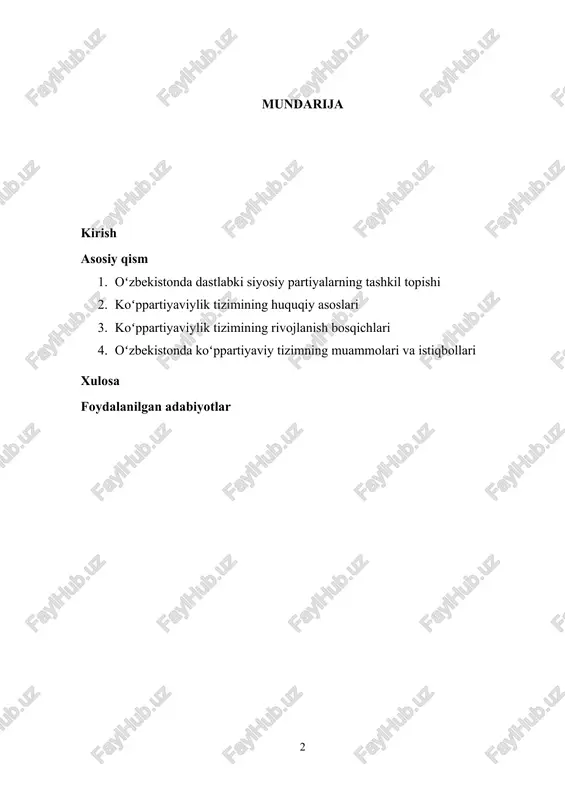 t sotsial-demokratik partiyasi, oʻzbekiston ekologik partiyasi va oʻzbekiston liberal-demokratik partiyasi kabi siyosiy kuchlar mavjud boʻlib, ular turli ijtimoiy qatlamlarning manfaatlarini himoya qilishga harakat qilmoqda. shu bilan birga, mamlakatda koʻppartiyaviy tizimni yanada takomillashtirish, partiyalar oʻrtasidagi sogʻlom raqobatni kuchaytirish, fuqarolarning siyosiy jarayonlardagi ishtirokini oshirish muhim vazifalardan biri boʻlib qolmoqda. mazkur referatda oʻzbekistonda koʻppartiyaviy tizimning shakllanishi, uning huquqiy asoslari, rivojlanish bosqichlari hamda mavjud muammolar va istiqbollari tahlil etiladi. oʻzbekistonda koʻppartiyaviy tizimning qanchalik samarali faoliyat yuritayotgani, uning demokratik jarayonlarga ta’siri hamda kelajakda ushbu tizimni yanada rivojlantirish uchun qanday islohotlar zarurligi haqida fikr yuritiladi. 1. oʻzbekistonda dastlabki siyosiy partiyalarning tashkil topishi oʻzbekiston mustaqillikka erishganidan keyin mamlakatda demokratik siyosiy tizimni shakllantirish jarayoni boshlandi. bu jarayonning muhim bosqichlaridan biri koʻppartiyaviylik tizimini yaratish edi. mustaqillikkacha yagona hukmron partiya – oʻzbekiston kompartiyasi mavjud boʻlib, u siyosiy hayot ustidan toʻliq nazorat oʻrnatgan edi. mustaqillikdan soʻng esa davlat boshqaruvida turli manfaatlarni ifodalovchi partiyalar tashkil etilib, koʻppartiyaviylik tizimi shakllana boshladi. “oʻzbekiston xalq …