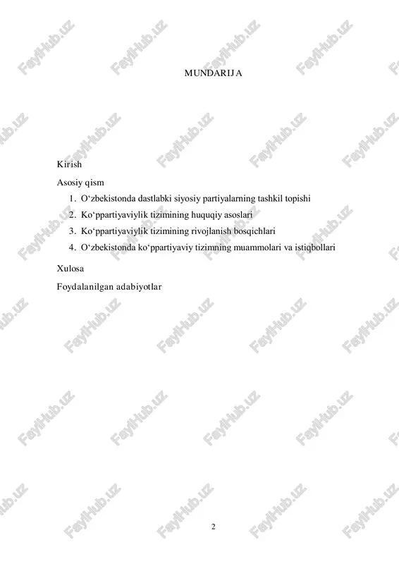 sotsial-demokratik partiyasi, oʻzbekiston ekologik partiyasi va oʻzbekiston liberal-demokratik partiyasi kabi siyosiy kuchlar mavjud boʻlib, ular turli ijtimoiy qatlamlarning manfaatlarini himoya qilishga harakat qilmoqda. shu bilan birga, mamlakatda koʻppartiyaviy tizimni yanada takomillashtirish, partiyalar oʻrtasidagi sogʻlom raqobatni kuchaytirish, fuqarolarning siyosiy jarayonlardagi ishtirokini oshirish muhim vazifalardan biri boʻlib qolmoqda. mazkur referatda oʻzbekistonda koʻppartiyaviy tizimning shakllanishi, uning huquqiy asoslari, rivojlanish bosqichlari hamda mavjud muammolar va istiqbollari tahlil etiladi. oʻzbekistonda koʻppartiyaviy tizimning qanchalik samarali faoliyat yuritayotgani, uning demokratik jarayonlarga ta’siri hamda kelajakda ushbu tizimni yanada rivojlantirish uchun qanday islohotlar zarurligi haqida fikr yuritiladi. 4 1. oʻzbekistonda dastlabki siyosiy partiyalarning tashkil topishi oʻzbekiston mustaqillikka erishganidan keyin mamlakatda demokratik siyosiy tizimni shakllantirish jarayoni boshlandi. bu jarayonning muhim bosqichlaridan biri koʻppartiyaviylik tizimini yaratish edi. mustaqillikkacha yagona hukmron partiya – oʻzbekiston kompartiyasi mavjud boʻlib, u siyosiy hayot ustidan toʻliq nazorat oʻrnatgan edi. mustaqillikdan soʻng esa davlat boshqaruvida turli manfaatlarni ifodalovchi partiyalar tashkil etilib, koʻppartiyaviylik tizimi shakllana boshladi. “oʻzbekiston xalq …