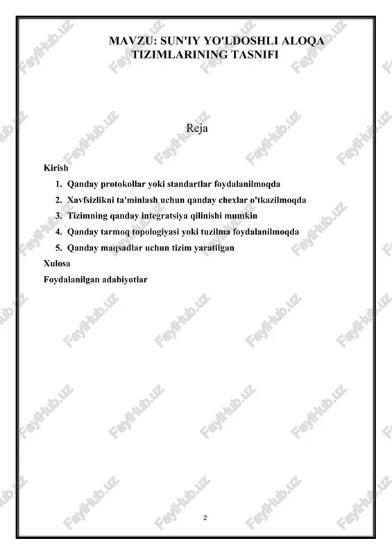 xini pasaytirish tendensiyasi mavjud.; kanal kengligi. keng qamrov polosadan foydalanish orqali qisqa vaqt ichida katta maʼlumotlar oqimini uzatish imkonini beradi; ishonchlilik. notoʻgʻri axborot paketini uzatish ehtimoli (buzilish va boshqalar.) deyarli nolga teng, chunki zamonaviy texnologiyalar ularni aniqlaydigan va signaldagi buzilishlarni toʻgʻirlaydi. 1. qanday protokollar yoki standartlar foydalanilmoqda sun'iy yo'ldoshli aloqa tizimlarida foydalaniladigan protokollar va standartlar, aloqa vositalarining ishlashini tartibga solish, ma'lumotlar almashishni amalga oshirish va ma'lumotlarni o'tkazishni rivojlantirishda muhim bo'lgan ko'rsatkichlar hisoblanadi. quyidagi protokollar va standartlar sodir bo'lishi mumkin: tcp/ip (transmission control protocol/internet protocol): internetning asosiy protokollari bo'lib, ma'lumotlarni paketlarda o'tkazish va internetga ulanishni ta'minlaydi. ushbu protokollar tarmoqda ma'lumot almashish va uning tizimli almashuvini boshqarish uchun juda keng qo'llaniladi. http/https (hypertext transfer protocol/secure hypertext transfer protocol): web-sahifalar almashish uchun ishlatiladigan standart protokollardir. https ma'lumotlar shifrlangan bo'lishi bilan foydalanuvchilar ma'lumotlarini himoya qiladi. mqtt (message queuing telemetry transport): iot (internet of things) va sensor tizimlari uchun ishlatiladigan bir xil aloqa protokoli bo'lib, …