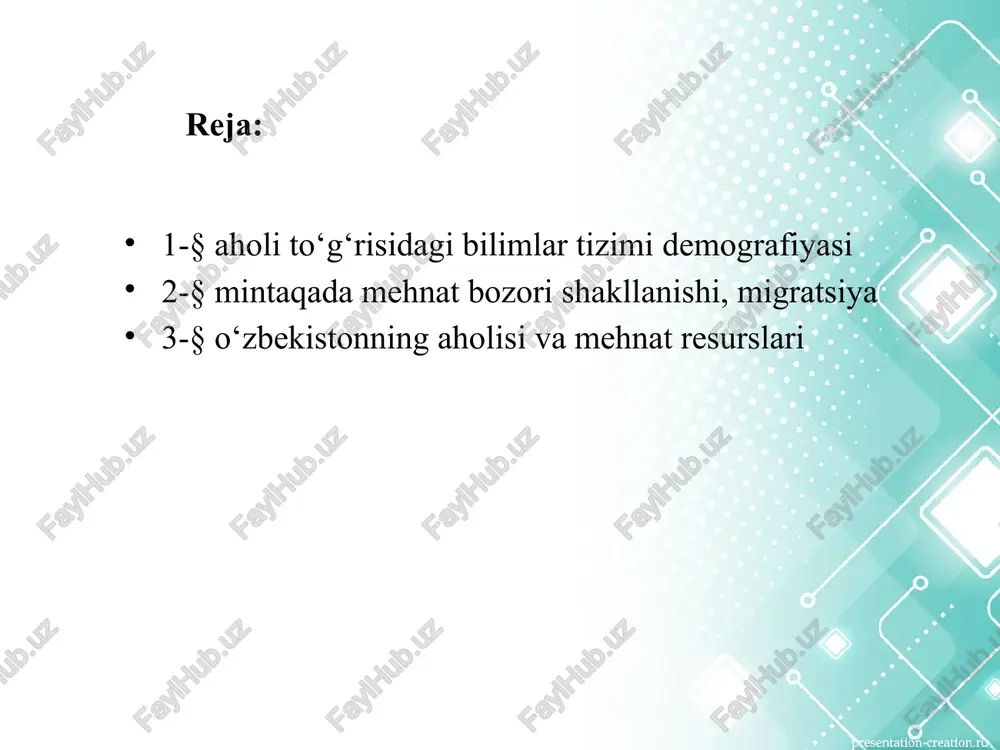 i (aholi statistikasi) bilan bog‘liq ma’lumotlarni qayta ishlash; 2. aholini ko‘payishi nazariyasi; 3. aholi ko‘payishi bilan bog‘liq siyosat. xix asrda aholi statistikasini ikki qismga ajratishgan: aholi holati va aholi harakati statistikasi. aholi holati statistikasi deganda aholining soni, uning hududiy taqsimoti va tarkibi, hamda ushbu ma’lumotlarni olish va qayta ishlash usullari tushunilgan, aholi harakati statistikasi deganda – aholining tabiiy harakatlanishi (ko‘chishi) bo‘yicha qaydlarga asoslanib, doimiy ma’lumot yig‘ish tushunilgan demogarfiyani uzoq vaqtlar davomida quyidagi bo‘limlarga ajratib kelishgan: - tuzilmaviy demogarfiya – aholi tarkibi va undagi o‘zgarishlar: tug‘ilish, serpushtlik; - o‘lim – o‘lim sabablari, sog‘liq holati; - migratsiya – ichki, tashqi migrayiya; - aholi ko‘payishi – avlodlar almashinuvi, ularning yangilanishi. 2-§ mintaqada mehnat bozori shakllanishi, migratsiya har bir davlatda iqtisodiy qayta qurish davrida bozor iqtisodiyoti mexanizmi yaratiladi. zamonaviy bozor iqtisodiyotining o‘ziga hos xususiyatlari – tuzilmada maxsus bozor-mehnat bozorining mavjudligi. mintaqada mehnat bozorining shakllanishi – jiddiy iqtisodiy va ijtimoiy muammo hisoblanadi. iqtisodiy muozanatsizlik ishsizlik …