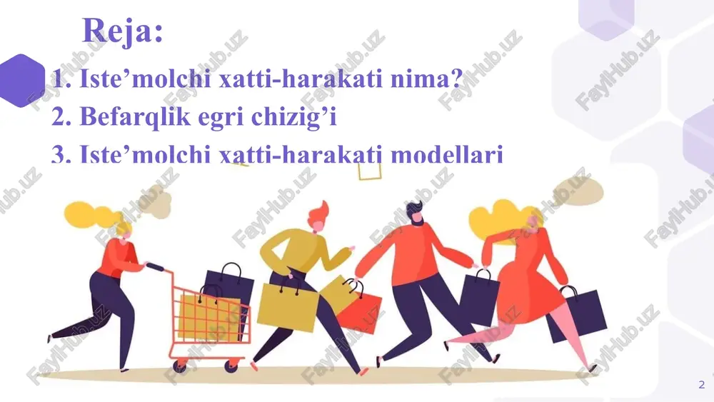 asini anglatadi va shuning uchun iste'molchi ushbu to'plamlarning qaysi to'plamlaridan birini tanlashiga befarqdir iste’molchi xatti-harakati modellari 3 iqtisodchilar iste'molchilarning istaklari va ehtiyojlari ularning sotib olish xulq-atvorini qanday aniqlashini aniqlash uchun iste'molchilarning an'anaviy xatti-harakatlari modellarini ishlab chiqdilar. mana to'rtta an'anaviy modellar ro'yxati: psixologik yoki ta'lim modeli sotsiologik model psixoanalitik model iqtisodiy model contents here psixologik model, shuningdek, o'rganish modeli deb ataladi, o'z nazariyasini psixolog avraam maslouning ehtiyojlar ierarxiyasiga asoslaydi, bu har bir insonning fiziologik, psixologik va o'zini o'zi qondirish ehtiyojlarini tushuntiruvchi psixologik falsafadir. aksariyat odamlar birinchi navbatda o'zlarining asosiy ehtiyojlarini, keyin psixologik va o'z-o'zini qondirish ehtiyojlarini hal qilishadi. misol uchun, och odam yangi shlyapa sotib olishdan oldin birinchi navbatda ovqat sotib olishi mumkin. 13 sotsiologik modelda aytilishicha, insonning ijtimoiy mavqei yoki qiziqish guruhi uning xarid qilish odatlariga ta'sir qiladi. bu insonning jamiyatdagi mavqei yoki uning do'stlari, oilasi, ish va sevimli mashg'ulotlariga jalb etilishini o'z ichiga olishi mumkin. bu shuningdek, odam odatda …