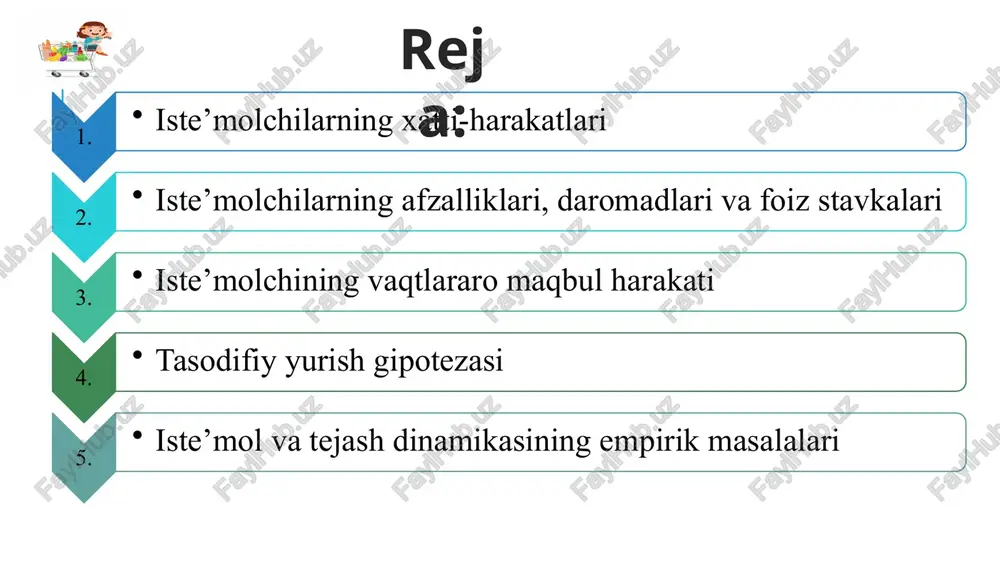 flilik so’nggi qo’shilgan naflilik ko’rsatkichlarini jamlash orqali aniqlanadi. agar iste`molchi manfiy so’nggi qo’shilgan naflilikka ega bo’lsa, u holda yalpi naflilik kamayadi. so’nggi qo’shilgan naflilikning pasayib borish qonunini iste`mol qilingan muzqaymoq misolida ifodalash mumkin. iste`mol qilingan muzqaymoqlar soni so’nggi qo’shilgan naflilik (mu) yalpi naflilik (u) 0 1 2 3 4 5 6 - 4 3 2 1 0 -3 0 4 7 9 10 10 7 iste`molchi tovarlarning turli to’plamini xarid qilishda doimo naflilikni maksimallashtirish qoidasiga amal qiladi. bu qoidaning mazmuni quyidagicha bayon etiladi: iste`molchi o’zining daromadini shunday sarflashi kerakki, daromad to’liq sarflangan holatda tovarni xarid qilishdan olingan so’nggi qo’shilgan naflilikning tovar narxiga nisbati barcha tovarlar uchun bir xil qiymatga ega bo’lishi lozim, ya`ni: bu erda: mu – x va y tovarlarning so’nggi qo’shilgan nafliligi; p – ularning narxi umuman olganda, xaridorning xatti-harakati deganda shaxsning kelib chiqishi, ma'lumoti, shaxsiy e'tiqodlari, maqsadlari, ehtiyojlari, istaklari va boshqalar ta'siriga asoslangan sotib olish odatlari tushuniladi. …
