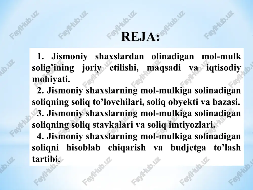 h uchun mo’ljallanmagan ko’chmas mulk ob’ektlari; 5 o’zbekiston respublikasi hududida joylashgan quyidagi mol-mulk jismoniy shaxslardan olinadigan mol-mulk solig’ining soliq solish ob’ekti hisoblanadi. 3) qurilishi tugallanmagan yashash uchun mo’ljallanmagan ob’ektlar. qurilishi tugallanmagan yashash uchun mo’ljallanmagan ob’ektlarga ushbu ob’ektni qurishga doir loyiha-smeta hujjatlarida belgilangan normativ muddatda qurilishi tugallanmagan ob’ektlar, agar qurilishning normativ muddati belgilanmagan bo’lsa, ushbu ob’ektning qurilishiga vakolatli bo’lgan organning ruxsatnomasi olingan oydan e’tiboran yigirma to’rt oy ichida qurilishi tugallanmagan ob’ektlar kiradi; 4) ko’p kvartirali uylarga uzviy bog’liq bo’lgan avtomashina turar joylari, shuningdek boshqa imoratlar, binolar va inshootlar. 6 ko’chmas mulkka bo’lgan huquqlarni davlat ro’yxatidan o’tkazuvchi organ tomonidan belgilanadigan soliq solish ob’ektlarining kadastr qiymati soliq bazasi hisoblanadi. soliqni hisoblab chiqarish maqsadida soliq bazasi qirq ikki million so’mdan kam bo’lishi mumkin emas. jismoniy shaxslarning mol-mulkini baholash bo’yicha vakolatli organ tomonidan aniqlangan soliq solish ob’ektining bahosi mavjud bo’lmagan taqdirda, mol-mulkning shartli qiymati toshkent va nukus shaharlarida, shuningdek viloyat markazlarida — qirq ikki million …