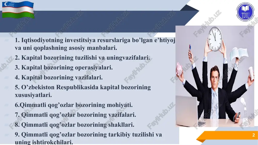 belgilab berildi. 5 kapital bozori o'z nomi bilan kapitalizm tarafdori — bu xususiy mulk ustuvorligi va kafolatlanganligi demakdir. yanada kengroq ma'noda esa, fond bozori bu vaqtincha bo'sh turgan pul mablag'larini to'plash, ularni ssuda kapitaliga aylantirish, so'ng ishlab chiqarish jarayoni ishtirokchilari o'rtasida taqsimlashni anglatadi. bunda oldi-sotdi operatsiyalari qimmatli qog'ozlar, xususan korxonalarning aktsiyalari hamda davlat obligatsiyalari bilan amalga oshiriladi. savdolar onlayn tartibda toshkent rfb yagona savdo tizimi platformasi hisoblangan fondbozori.uz sayti orqali olib boriladi. bu shaffof bozor infratuzilmasi bo'lib, o'z ichiga talab va taklif, sof raqobat, kotirovkalar, listing kategoriyalari kabi tushunchalarni qamrab oladi 6 aslida, birjalar ularda savdoga qo'yiladigan mahsulotlar, ya'ni birja tovarlariga qarab turlarga bo'linadi. tovar birjasida xom-ashyo va mahsulotlar asosiy o'rin tutsa, valyuta birjasida pul, fond birjasida esa qimmatli qog'ozlar uning muhim ob'ekti hisoblanadi. 7 umuman, bu onlayn savdo makoni ishlab chiqaruvchi va xaridorlarni o'zaro bog'lovchi mexanizmdir. qimmatli qog'ozlar bozorining rivojlanishi esa milliy iqtisodiyotni uzoq muddatli moliyaviy resurslarga bo'lgan ehtiyojini …