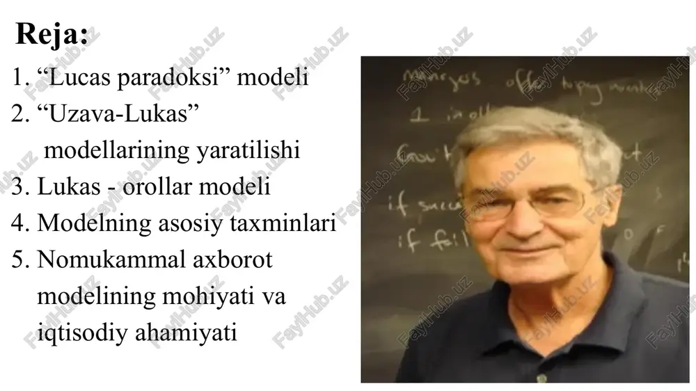 nayotgan mamlakatlarda investitsiyalarning kutilayotgan rentabelligi yuqori bo'lishi mumkin bo'lsa-da, ushbu kutilayotgan daromadlar bilan bog'liq bo'lgan noaniqlik darajasi yuqori bo'lganligi sababli u erda oqim bo'lmaydi. udzawa - lukas modeli udzawa -lukas modeli ( lukas modeli ingliz uzava - lukas model ) - ikki sektorli model mukammal raqobat sharoitida endogen iqtisodiy o'sish , ta'lim sohasida shaxsiylashtirilgan inson kapitalini to'plashdan tashqi ta'sirlar tufayli barqaror iqtisodiy o'sish imkoniyatini ko'rsatadi . model iqtisodiy agentlarning ta'lim darajasi to'g'risidagi qarorlari ilmiy-texnika taraqqiyoti bilan bir qatorda barqaror iqtisodiy o'sish manbai bo'lishi mumkinligini ko'rsatadi . uzava -lukas modeli inson kapitali va uning tashqi ta'sirini o'rganishga qo'shilgan hissadir . modelning asl nusxasi xirofumi tomonidan ishlab chiqilgan 1965 yilda udzawa , keyinchalik robert lukas tomonidan 1988 yilda sezilarli darajada kengaytirildi. xirofumi udzava yaratilish tarixi iqtisodiyot bo'yicha bo'lajak nobel mukofoti sovrindori robert lukas boshqacha talqinni taklif qildi: uning fikricha, tashqi omillar inson kapitalidan kelib chiqqan. xirofumining modeliga asoslangan udzawa , international jurnalida …