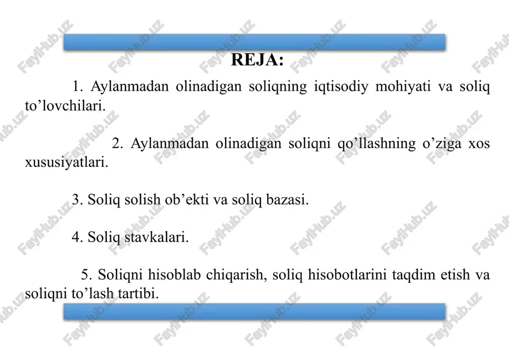cha chora-tadbirlar to‘g‘risida»gi pf-3620-son farmoniga muvofiq 2005-yilning 1-iyulidan boshlab o‘zbekiston soliq tizimi amaliyotida kichik biznes subyektlarining ba’zi toifalari uchun yagona soliq to‘lovi joriy qilindi. 5 aylanmadan olinadigan soliqning iqtisodiy mohiyati va soliq to’lovchilari 2020-yil 1-yanvardan yangi tahrirdagi soliq kodeksining kuchga kirishi bilan yagona soliq to’lovi o’rniga aylanmadan olinadigan soliq joriy etildi. aylanmadan olinadigan soliq iqtisodiy mohiyatiga ko’ra bevosita soliq bo’lib, amaldagi soliq kodeksining 461-470 moddalariga muvofiq undiriladi. soliq kodeksining 461-moddasiga muvofiq, aylanmadan olinadigan soliqni to’lovchilar deb quyidagilar e’tirof etiladi: 1) soliq davrida tovarlarni (xizmatlarni) realizatsiya qilishdan olingan jami daromadi bir milliard so’mdan oshmagan o’zbekiston respublikasi yuridik shaxslari; 2) soliq davrida tovarlarni (xizmatlarni) realizatsiya qilishdan olingan daromadi yuz million so’mdan oshgan, lekin bir milliard so’mgacha bo’lgan yakka tartibdagi tadbirkorlar. 6 aylanmadan olinadigan soliqning iqtisodiy mohiyati va soliq to’lovchilari 2020-yil 1-yanvardan yangi tahrirdagi soliq kodeksining kuchga kirishi bilan yagona soliq to’lovi o’rniga aylanmadan olinadigan soliq joriy etildi. aylanmadan olinadigan soliq iqtisodiy mohiyatiga …