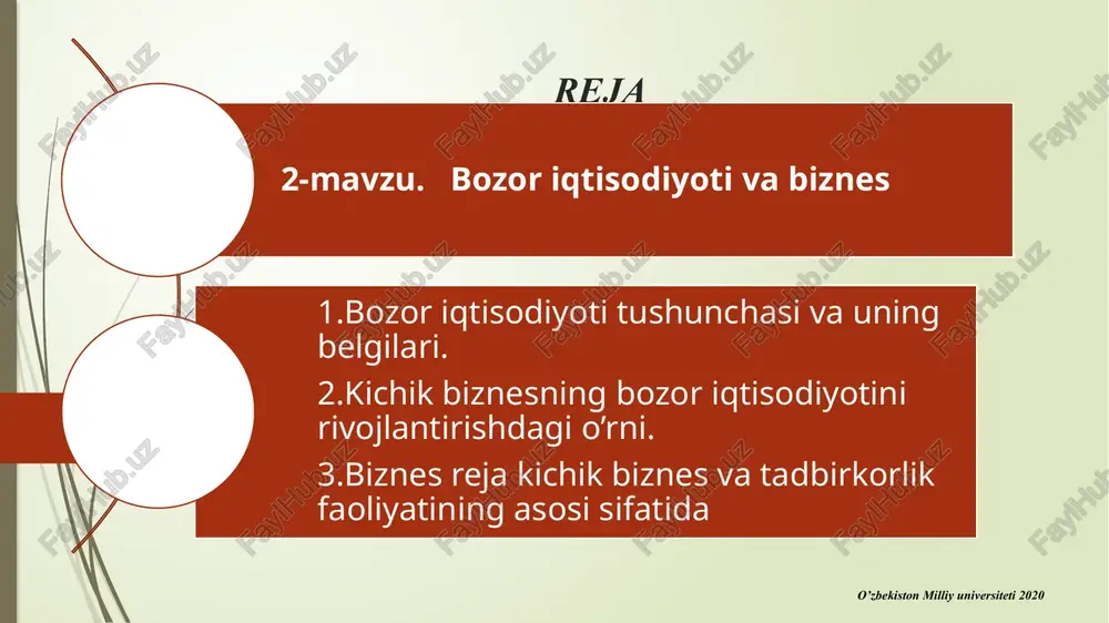 larini yaxshi bilish. etarli miqdorda boshlang'ich kapitalga ega bo'lish. zimmasiga olgan majburiyatlarni o'z vaqtida to'liq bajarish. ishbilarmonlik va tadbirkorlik o'rtasidagi farqlar ishbilarmonlik tadbirkorlik 1.erishilgan muvaffaqiyatni mustahkamlashga intilish, faoliyatning reproduktiv xarakteri 1. tashabbuskorlik, uddaburronlik, izlanuvchanlik, ijodkorlik, serg'ayratlik 2. foyda (daromad) keltiradigan ishga ega bo'lgan shaxs 2. g'oyaga ega bo'lgan shaxs 3. kapitalga ega 3. boshlang'ich kapitalga ega bo'lmasligi mumkin 4. menejerlik iqtidoriga ega, doimiylikka intiladi, fikran va hatti-harakatlarda konservator 4. tavakkalchilikka moyillik, novatorlik, «ilohiy» iqtidorga egalik 5. kapitaldan daromad olish 5. tadbirkorlikdan foyda olish 6. hayotda ko'p uchraydi 6. hayotda kam uchraydi 3-reja. o'zbekistonda kichik biznesni rivojlantirish. kichik biznes va xususiy tadbirkorlik iqtisodiyotni rivojlantirish, aholi bandligi va daromadlarini oshirishda muhim omildir. soha taraqqiyotini ta'minlash maqsadida so'nggi ikki yarim yilda prezidentning 50 dan ortiq farmon va qarorlari e'lon qilindi. jumladan, tadbirkorlik sub'ektlarini davlat ro'yxatidan o'tkazish, turli ruxsatnomalar olish va boshqa ko'plab xizmatlar tartib qoidalari soddalashtirildi. bu borada qulaylik yaratish maqsadida davlat xizmatlari …