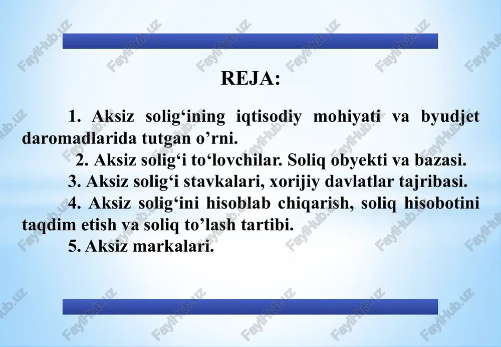 lar 23 755,00 8,78 5. boshqa daromadlar va soliq bo'lmagan boshqa tushumlar 17 851,40 6,59 5 aksiz solig‘ining iqtisodiy mohiyati va byudjet daromadlarida tutgan o’rni aksiz solig‘i qo‘shilgan qiymat solig‘iga tortiladigan bazada va narxda hisobga olinadigan yuklab jo‘natilgan tovarlar qiymatining bir qismini egri soliq sifatida byudjetga undirish shakli hisoblanadi. aksiz solig‘i davlat byudjeti daromadlarini shakllantirishda salmoqli o‘rin egallaydi, jumladan, davlat byudjetining soliqli daromadlari tarkibida uning salmog‘i 2004-yilda 28.7 foizni, 2006 yilda 18,8 foizni, 2008 yilda 16,5 foizni, 2010 yilda 16,7 foizni, 2012 yilda 15,1 foizni, 2014 yilda 14,9 foizni, 2016 yilda 16 foizni, 2018 yilda 13,4 foizni, 2019 yilda 9,2 foizni, 2020 yilda 8,8 foizni tashkil etmoqda. 6 aksiz solig‘ining iqtisodiy mohiyati va byudjet daromadlarida tutgan o’rni aksiz solig‘ini davlat byudjeti daromadlari tarkibidagi ulushi­ning pasayish tendensiyaga ega ekanligi shu bilan izohlanadiki, o‘zbekiston respublikasi vazirlar mahkamasining 2002-yil 13 noyabrdagi 390-son «bozorni iste’mol tovarlari bilan to‘ldirishni rag‘batlantirish hamda ishlab chiqaruvchilar va savdo …