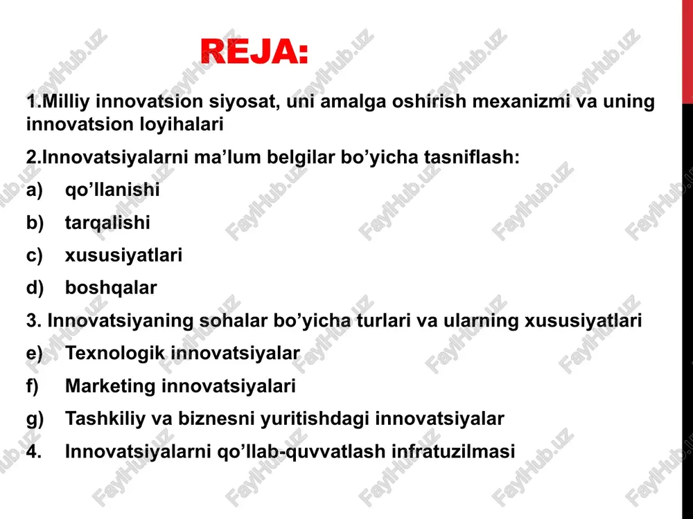 ish; innovatsiya jarayonlarini xuquqiy bazasini yaratish; innovatsiyalarni kadrlar bilan ta'minlash; ilmiy-innovatsiya infratuzilmasini shakllantirish; innovatsiya jarayonlarini xududiy tartibga solish. mamlakatimizda iqtisodiyot tarmoqlarida innovatsion loyiha - bu loyiha maqsadlarini amalga oshirish uchun zarur bo’lgan texnik, tashkiliy, rejaviy, hisoblash moliyaviy hujjatlarning yig’indisidir. loyihani yaratish va amalga oshirish quyidagi bosqichlarni o’z ichiga oladi: investision g’oyani shakllantirish; investision imkoniyatlar izlanishi; shartnoma hujjatlarini tayyorlash; loyiha xujjatlarini tayyorlash; qurilish-montaj ishlari; ob'ektni qo’llash. y.shumpeter ta'rifi bo’yicha innovatsiyaning o’ziga xos o’zgarishlari bo’yicha tasniflanishi iste'molchiga hali noma'lum bo’lgan yangi mahsulotni yaratish yoki mavjud mahsulot sifatini takomillashtirish. ilmiy yangilikka yoki mahsulot yoki xom-ashyoni tijoratlashtirish usuliga asoslangan ishlab chiqarishning yangi turini yaratish. ayrim mamlakatlar ishlab chiqarishida ma'lum bir tarmog’iga hali kirmagan lekin oldin bo’lgan yoki bo’lmaganligidan qat'iy nazar yangi bozor ochish. yangi xom-ashyo yoki yarim tayyor mahsulot bozori oldin bo’lishi yoki endi yangi yaratilgan bo’lishidan qat'iy nazar egallab olish. qandaydir bir tarmoqda ishlab chiqarish o’zgarishini amalga oshirish, jumladan, trestlar tuzish orqali monopol …