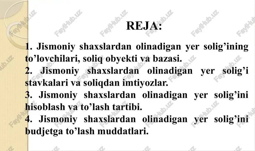 g’ini soliq to’lovchilari deb e’tirof etiladi. 6 o’zbekiston respublikasi vazirlar mahkamasi, qoraqalpog’iston respublikasi vazirlar kengashi, mahalliy davlat hokimiyati organlari tomonidan ijaraga berilgan er uchastkalari uchun to’lanadigan ijara to’lovi er solig’iga tenglashtiriladi. 7 yer uchastkalarini ijaraga olgan jismoniy shaxslarga nisbatan jismoniy shaxslardan olinadigan yer solig’ini to’lovchilar uchun belgilangan soliq stavkalari, soliq imtiyozlari, soliqni hisoblab chiqarish va to’lash tartibi tatbiq etiladi. 7 8 uy-joy, yashash uchun mo’ljallanmagan imoratlar va inshootlar meros bo’yicha o’tishi bilan birgalikda mulk huquqi, egalik qilish va foydalanish huquqi o’tgan yer uchastkalari uchun yer solig’i meros qoldiruvchining soliq majburiyatlarini inobatga olgan holda merosxo’rlardan undiriladi. 8 quyidagi yer uchastkalari jismoniy shaxslardan olinadigan yer solig’ining soliq solish ob’ektidir: 1) dehqon xo’jaligini yuritish uchun meros qilib qoldiriladigan umrbod egalik qilishga berilgan yer uchastkalari; 2) yakka tartibda uy-joy qurilishi uchun meros qilib qoldiriladigan umrbod egalik qilishga berilgan yer uchastkalari; 3) jamoa bog’dorchiligi, uzumchiligi va polizchiligini yuritish uchun berilgan, shuningdek yakka tartibdagi va jamoa …