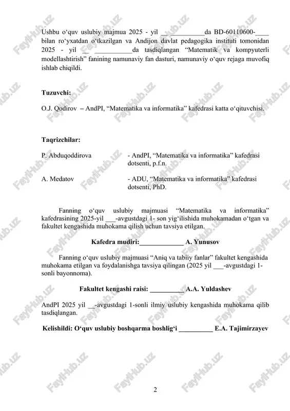 yasiyalashning umumiy masalasi. chekli ayirmalar. nyutonning i va ii interpolyasion formulalari. xatoliklarni baholash. 26 7-ma’ruza. sonli differensiallash. aniq integralni taqriban hisoblash usullari. 34 8-ma’ruza: eyler va runge-kutta usullari. taqribiy yechimning geometrik ifodasi 36 9-ma’ruza: chiziqli dasturlash masalalarining qo‘yilishi va unda qo‘llaniladigan modellar. 40 10-ma’ruza: chiziqli dasturlash masalasini simpleks usulda yechish. 43 11-ma’ruza: transpotga oid masalalar va ularni yechish usullari. 47 12-ma’ruza: matematika statistika elementlari. 52 amaliy mashg‘ulot materiallari 58 1-amaliy mashg‘ulot. turli modellar tuzishga doir misollar yechish 58 2-amaliy mashg‘ulot. xatoliklar arifmetikasi. xatoliklarni aniqlashda differensial hisobini qo‘llash 59 3-amaliy mashg‘ulot. bir noma’lumli algrebraik va transsendent tenglamalarni vatarlar va urinmalar va oddiy iterasiya usulida taqriban yechish 60 4-amaliy mashg‘ulot. chiziqli tenglamalar sistemasini gauss usulida yechish 66 5-amaliy mashg‘ulot. chiziqli tenglamalar sistemasini kvadrat ildizlar va iterasiya usulida yechish 72 6-amaliy mashg‘ulot. lagranj interpolyasion ko‘phadini qurish va xatoligini baholash. nyutonning i va ii interpolyasion ko‘phadlarini qurish va xatoliklarini baholash 75 7-amaliy mashg‘ulot. simpson …