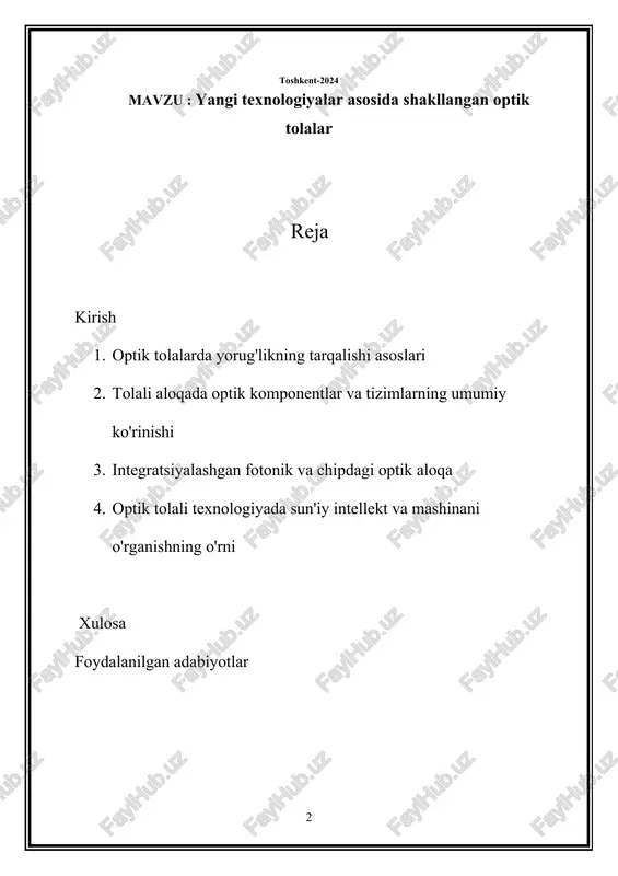 uchun moslashtirilgan maxsus ko'zoynaklar, polimerlar va nanomateriallar kiradi. 2. yangi tolali dizaynlar: fotonik kristall tolalar (pcf), mikro tuzilmali optik tolalar (mof) va ko'p yadroli tolalar kabi innovatsion tolali dizaynlar yorug'lik tarqalishini boshqarish va boshqarish uchun ishlab chiqilmoqda, bu esa optik aloqa va sezishda yangi funksiyalar va ilovalarni ta'minlaydi. 3. chiziqli bo'lmagan optik tolalar: chiziqli bo'lmagan o'zaro ta'sirlar orqali yorug'lik to'lqinlarini yaratish, qayta ishlash va manipulyatsiya qilish qobiliyatiga ega bo'lgan chiziqli bo'lmagan optik tolalar ilg'or signallarni qayta ishlash, optik hisoblash va kvant ma'lumotlarini qayta ishlash uchun istiqbolli imkoniyatlarni taklif qiladi. 4. maxsus tolalar: polarizatsiyani saqlaydigan tolalar (pmf), bir necha rejimli tolalar (fmfs) va ichi bo'sh yadroli tolalar kabi maxsus tolalar ixtisoslashtirilgan ilovalarda polarizatsiyani boshqarish, rejimlarni multiplekslash va past kechikishli uzatish uchun maxsus talablarni qondirish uchun mo'ljallangan. . 5. integratsiyalashgan fotonika: optik komponentlar va funksiyalarning bitta chip yoki platformada integratsiyalashuvi chipdagi optik aloqa, ixcham optik tizimlar va fotonik integral mikrosxemalar (pics) sohasidagi …