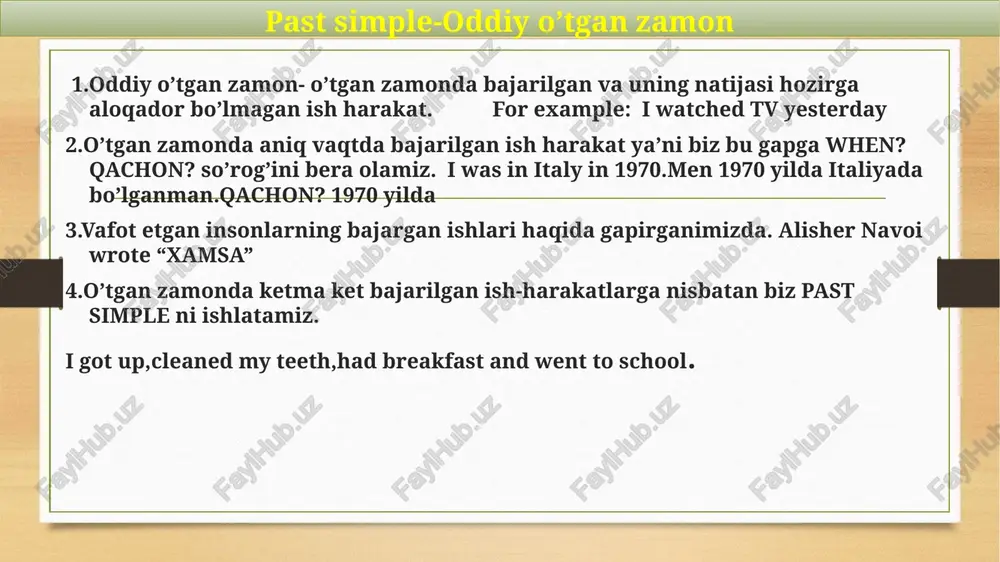 .? was he…? was she….? was it…? were we…? were you…? were they…? there is=there was there are=there were darak shakl there was … there were… there were not children in the classroom. so’roq shakl was there…? were there…? were there children in the classroom? inkor shakl there was not… there were not… there werenot children in the classroom. have/has-had affirmative/darak shakl i had he had she had it had we had you had they had subject+had+object. i had telephone negative/inkor shakl i did not have he did not have she did not have it did not have we did not have you did not have they had not have subject+did+not+have+object. i did not have telephone. interrogative/so’roq shakl did i have…? did he have…? did she have…? did it have…? did we have…? did you have…? did they have…? did + subject + have +object? did you have telephone? structure-struktura …