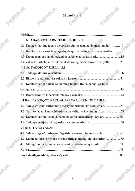 mekanik yondashuvni qo‘llash...........................74 xulosa…………………………………………………………………………..78 foydalanilgan adabiyotlar ro‘yxati…………………………………………..80 3 kirish karate — jismoniy va ruhiy jihatdan murakkab sport turi bo‘lib, uning asosiy elementlari yuqori darajadagi texnik mahorat, aqliy sharhlash va tezkor qaror qabul qilishni talab qiladi. mavjud sport turlari orasida karate o‘zining dinamikligi va zarba texnikalarining kengligi bilan ajralib turadi. karatechi o‘zining muvaffaqiyatli chiqishlari uchun nafaqat jismoniy kuchga, balki zarba texnikasining to‘g‘ri va samarali bajarilishiga ham e’tibor qaratadi. shu bilan birga, karatechilarning harakatlarini tahlil qilish va ular orasidagi farqlarni aniqlash sportning jismoniy va psixologik jihatlarini chuqurroq o‘rganishga imkon beradi. bu magistrlik dissertatsiyasining asosiy maqsadi turli toifadagi karatechilar tomonidan bajariladigan „mavashe-geri” (ayniqsa, aylana zarbasi) zarbasining kinematikasini o‘rganish va uning individual ko‘rsatkichlarini tahlil qilishdir. „mavashe-geri” zarbasi karatechining oyoq va tanasining koordinatsiyasini mukammal ishlatishni, shu bilan birga aniq va samarali zarba berishni talab etadi. zarbani to‘g‘ri bajarish orqali raqibga kuchli ta’sir ko‘rsatish, unga qarshi samarali himoya va hujumni tashkil etish mumkin. tadqiqot davomida karatechilarni …