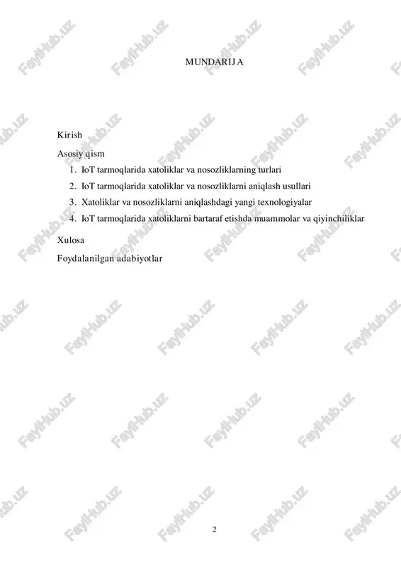 da iot tarmoqlaridagi xatoliklar va nosozliklarni aniqlash usullari, yangi texnologiyalar, avtomatik tarmoq boshqaruvi tizimlari va tarmoqning samaradorligini oshirish bo‘yicha ilg‘or yechimlar o‘rganiladi. shuningdek, iot tarmoqlarida yuzaga keladigan muammolarni bartaraf etishda foydalaniladigan metodlar, texnik yechimlar va innovatsion texnologiyalar tahlil qilinadi. 4 1. iot tarmoqlarida xatoliklar va nosozliklarning turlari iot (internet of things) tarmoqlari keng va kompleks tizimlarni tashkil etadi, bu tizimlar o‘zaro bog‘langan qurilmalar, sensorlar, ma'lumotlarni uzatish kanallari va serverlardan iborat bo‘lib, har bir qismda yuzaga kelishi mumkin bo‘lgan xatoliklar va nosozliklar tarmoqning samarali ishlashiga salbiy ta'sir ko‘rsatishi mumkin. iot tarmoqlaridagi xatoliklar va nosozliklarni to‘g‘ri aniqlash va ularga to‘g‘ri yechimlar topish tarmoqning ishonchliligi va samaradorligini ta'minlashda juda muhimdir. quyida iot tarmoqlarida eng ko‘p uchraydigan xatoliklar va nosozliklarning asosiy turlari keltirilgan: fizik xatoliklar va nosozliklar iot tarmoqlaridagi fizik xatoliklar, asosan qurilmalar o‘rtasidagi jismoniy uzilishlar yoki signal uzatishdagi muammolarga taalluqlidir. bu turdagi xatoliklar quyidagi holatlarni o‘z ichiga oladi:  simli tarmoq uzilishlari: tarmoq …