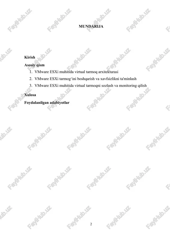 ishda vmware esxi tizimida tarmoqni boshqarish uchun asosiy komponentlarni — virtual kommutatorlar, port guruhlari va vlanlarni — qanday sozlash, boshqarish va xavfsizlikni ta'minlash haqida batafsil ma'lumotlar beriladi. bu tizimlarning har biri o‘zining afzalliklari va konfiguratsiya qilish imkoniyatlari bilan alohida e'tiborga sazovordir. 1. vmware esxi muhitida virtual tarmoq arxitekturasi vmware esxi tizimi virtualizatsiya platformalaridan biridir va tizimning virtual tarmoq arxitekturasi uning samarali ishlashini ta'minlashda asosiy rol o‘ynaydi. vmware esxi tizimida virtual tarmoq arxitekturasi, tarmoqni boshqarish va resurslarni samarali taqsimlashga imkon beradigan bir nechta muhim komponentlardan iborat. ular yordamida tarmoq aloqalarini o‘rnatish, xavfsizligini ta'minlash, resurslar taqsimotini optimallashtirish va virtual mashinalar orasidagi kommunikatsiyani boshqarish mumkin. vmware esxi tizimida virtual tarmoq arxitekturasi asosiy komponentlari: virtual kommutatorlar (vswitches) virtual kommutatorlar (vswitches) vmware esxi tizimining asosiy tarmoq komponentlaridan biridir. ular fizik tarmoq adapterlari va virtual mashinalar o‘rtasida aloqalarni ta'minlaydi. vswitch yordamida virtual mashinalar o‘rtasida va virtual mashinalar bilan fizik tarmoq o‘rtasida tarmoq aloqalari o‘rnatiladi. vswitchlar, tarmoqning …