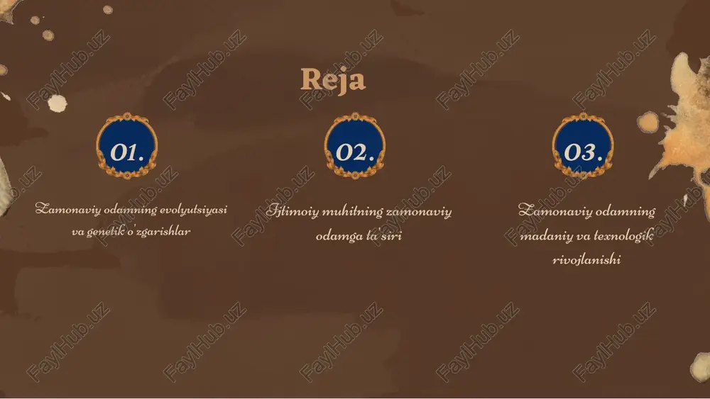 _medium=referral homo sapiens: o'ziga xos xususiyatlar homo sapiens, zamonaviy odam, o'ziga xos xususiyatlari bilan ajralib turadi. bular qatoriga mantiqiy fikrlash, rivojlangan til va kommunikatsiya qobiliyati, shuningdek, ijtimoiy tuzilmalar va madaniyatni yaratish kiradi. ushbu xususiyatlar evolyutsiyaga ta'sir ko'rsatib, odamlarni ko'proq hamkorlik va tajriba almashish imkoniyatiga ega bo'lishlarini ta'minlagan. rivojlanish jarayonida homo sapiens bilim va qobiliyatlarini avlodlarga o'tkazib, hayot muhitiga moslashuvchanligini oshirdi. misol uchun, tilning rivojlanishi nafaqat axborot almashish, balki madaniyat va bilimlarni saqlashda ham muhim ahamiyatga ega.photo by europeana on unsplash photo by the new york public library on unsplash https://unsplash.com/@europeana?utm_source=ai_slide_maker&utm_medium=referral https://unsplash.com/photos/people-in-traditional-dress-painting-9niqk5ppajo?utm_source=ai_slide_maker&utm_medium=referral https://unsplash.com/@nypl?utm_source=ai_slide_maker&utm_medium=referral https://unsplash.com/photos/grayscale-photography-of-man-and-woman-standing-beside-jewelry-display-jbpg5oftbly?utm_source=ai_slide_maker&utm_medium=referral genetik tadqiqotlar va natijalar photo by sigmund on unsplash https://unsplash.com/@sigmund?utm_source=ai_slide_maker&utm_medium=referral https://unsplash.com/photos/people-sitting-on-red-chairs-inside-building-sntlp_lvxey?utm_source=ai_slide_maker&utm_medium=referral evolyutsiya va ijtimoiy muhit evolyutsiya ijtimoiy muhitga ta'sir ko'rsatadi. ijtimoiy omillar, masalan, madaniyat va iqtisodiy sharoitlar, genetik o'zgarishlarga olib keladi. bu o'zgarishlar insonga moslashuvchanlik beradi va ularning evolyutsiyasiga yordam beradi. misol uchun, qishloq va shahar aholisi orasidagi genetik farqlar ijtimoiy sharoitlar bilan bog'liqdir. photo by ilya …