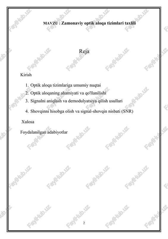 ni shakllantiradigan yangi texnologiyalarni o'rganishga qaratilgan. ushbu keng qamrovli tadqiqot orqali biz optik aloqa tizimlarining nozik tomonlarini ochib beramiz, ularning dizayn tamoyillarini tushunamiz va ularning bir-biriga bog'langan dunyomizning tobora ortib borayotgan talablarini qondirishdagi ahamiyatini baholash uchun ishlash ko'rsatkichlarini baholaymiz. 1. optik aloqa tizimlariga umumiy nuqtai optik aloqa tizimlari zamonaviy telekommunikatsiya infratuzilmasining asosini tashkil etib, ma'lumotlarni katta masofalarga tez va samarali uzatish imkonini beradi. ushbu tizimlar yorug'lik xususiyatlaridan foydalanadi, optik tolalarni axborot bilan kodlangan yorug'lik signallarini tashish uchun vosita sifatida ishlatadi. optik aloqa texnologiyasining qabul qilinishi biz bilan aloqa qilish usulini inqilob qildi, an'anaviy elektr aloqa usullariga nisbatan yuqori tezlikdagi ma'lumotlarni uzatish tezligini, kechikishni kamaytirishni va ishonchlilikni oshirdi. optik aloqa tamoyillari optik aloqa tizimlarining markazida elektr signallarini uzatish uchun optik signallarga, keyin esa qabul qilish uchun elektr signallariga aylantirish printsipi yotadi. ushbu jarayon yorug'lik intensivligini, fazasini yoki chastotasini modulyatsiya qilish orqali ma'lumotni optik tashuvchi to'lqinga kodlash orqali erishiladi. optik tolalar orqali …