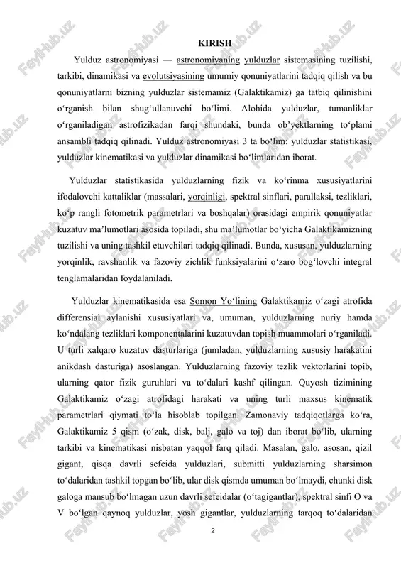 rakati va uning turli maxsus kinematik parametrlari qiymati toʻla hisoblab topilgan. zamonaviy tadqiqotlarga koʻra, galaktikamiz 5 qism (oʻzak, disk, balj, galo va toj) dan iborat boʻlib, ularning tarkibi va kinematikasi nisbatan yaqqol farq qiladi. masalan, galo, asosan, qizil gigant, qisqa davrli sefeida yulduzlari, submitti yulduzlarning sharsimon toʻdalaridan tashkil topgan boʻlib, ular disk qismda umuman boʻlmaydi, chunki disk galoga mansub boʻlmagan uzun davrli sefeidalar (oʻtagigantlar), spektral sinfi o va v boʻlgan qaynoq yulduzlar, yosh gigantlar, yulduzlarning tarqoq toʻdalaridan iborat. bunday murakkab tuzilishga ega boʻlgan spiralsimon galaktikamizning vujudga kelishi va evolutsiyasi bilan yulduzlar va ular tizimining dinamikasi shugʻullanadi. yuz milliard yulduzdan ortiq galaktikamizning gravitatsion maydoni murakkab va uzluksizdir. uning modelini tuzishda bu maydon gravitatsion kuch funksiyasi regulyator deb olinib, maʼlum kinetik va gidrodinamik tenglamalar puasson tenglamasi bilan birga yechiladi. ixtiyoriy yulduz dinamikasini dastlab ushbu umumiy regulyar kuch funksiyasiga va maʼlum darajada unga koʻshni yulduzlarning taʼsiriga bogʻliq notekis kuchlar orqali ifodalanadi. asosiy tadqiqotlar …