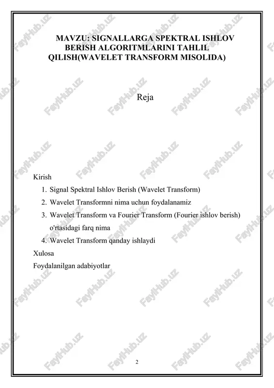 ov berish (wavelet transform) algoritmlari va ularning tahlil usullari ko'rib chiqiladi. ushbu tahlil natijasida elde qilingan ma'lumotlar, signalning spektral o'zgaruvchanliklarini, frekans va vaqt oralig'ida o'zgarishi haqida to'liq tasavvur berishga imkon beradi. tezisning so'nggi qismida, wavelet transformning amaliyotdagi qo'llanishi va uning muhimiyati, misollar va ko'rsatkichlar yordamida namoyish qilinishi rejalashtirilgan. tezis, bu spektral tahlil usullarining signal analizidagi roli va ularning amaliyotdagi ahamiyati haqida to'liq tushuncha berishga intiladi. 1. signal spektral ishlov berish (wavelet transform) signal spektral ishlov berish (wavelet transform), signalning vaqt-mavsumli o'zgarishlarini va spektral xususiyatlarini aniqlash uchun ishlatiladigan bir tahlil usuli. bu algoritmada, signal o'zgaruvchanliklari vaqt-mavsumli darajalar bilan tahlil qilinadi va bu darajalar signalning frekans-tartibini o'rganishga imkon beradi. wavelet transformning asosiy maqsadi, signalning boshqa spektral tahlil usullari, masalan, fourier transform, bilan qiyoslanib, signalning lokal vaqt-mavsumli spektrini aniqlashdir. bu usul signalning belli vaqt oralig'ida frekans-tartibining o'zgarishini aniqlash imkonini beradi. bu, signalning lokal vaqt-mavsumli o'zgaruvchanliklarini aniqlash, signaldagi bo'ylab o'tib yurgan tizimlarni aniqlash va …