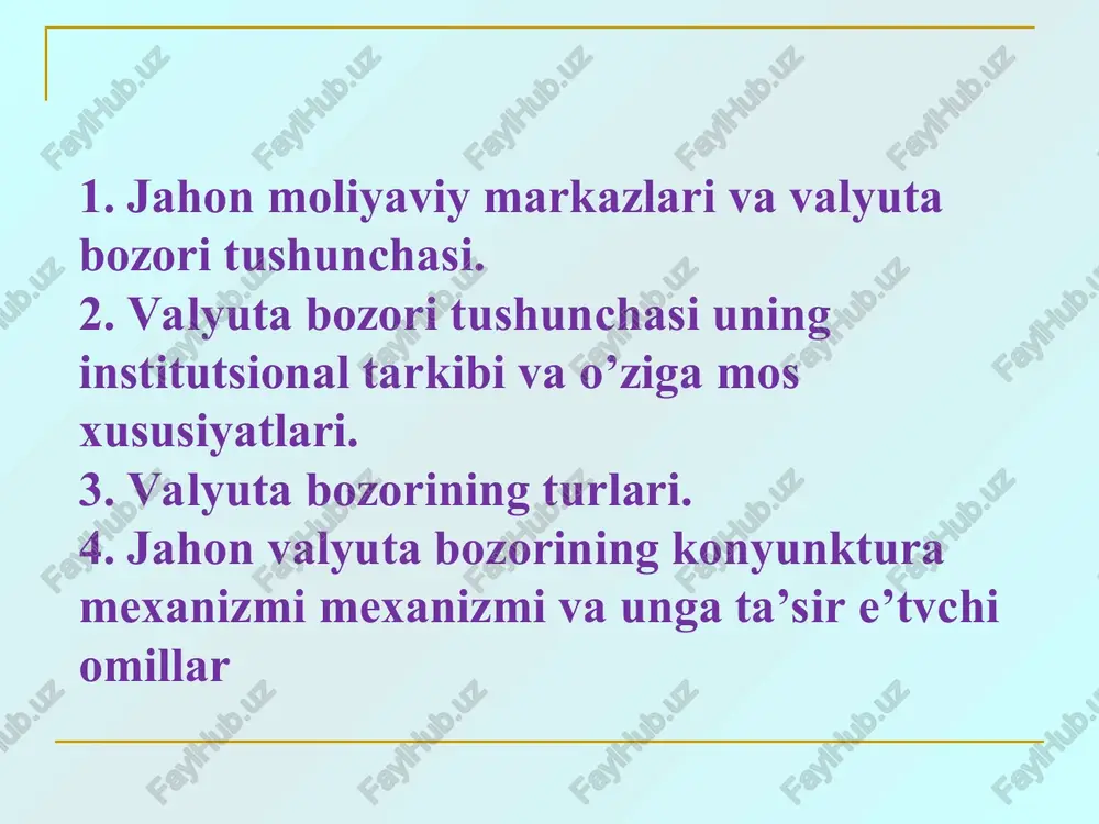 uta muomalasi tartibini aniqlaydi valyutani tartibga solishga tegishli me'yoriy hujjatlar ishlab chiqadi respublika ichki valyuta bozorini (respublika valyuta birjasi va birjadan tashqari valyuta bozori) tartibga soladi xorijiy valyutalarni sotib olish va sotish bo'yicha banklararo operatsiyalarni amalga oshirish tartibini belgilaydi xorijiy valyuta bilan bog'liq operatsiyalarni amalga oshirish qoidalarini o'rnatadi tijorat banklariga valyuta operatsiyalarini amalga oshirish huquqini beruvchi litsenziyalar beradi valyuta operatsiyalari bo'yicha hisob, hisobot va hujjatlashtirishning yagona shaklini o'rnatadi valyuta cheklovlarini o'rnatadi valyuta operatsiyalari bo'yicha statistik ma'lumotlarni tayyorlaydi va chop etadi mamlakat hududida valyuta operatsiyalarini to'g'ri amalga oshirilganligi ustidan nazoratni amalga oshiradi valyuta kursi rejimi tavsifi erkin suzish rejimi (free float) kurs faqatgina bozor ta'siri asosida o'rnatiladi boshqariladigan suzish (managed float) markaziy bank valyutalarning keskin tebranishlari oqibatlarini yumshatish uchun interventsiyalarni amalga oshirib turadi o'rmalovchi bog'liqlikda (crawling peg) markaziy bank valyuta kursini aniq bir darajada ushlab turish maqsadida valyuta bozorida interventsiyalarni amalga oshirib turadi o'rnatilgan chegarada qat'iy belgilangan yoki maqsadli zonalar (fixed …