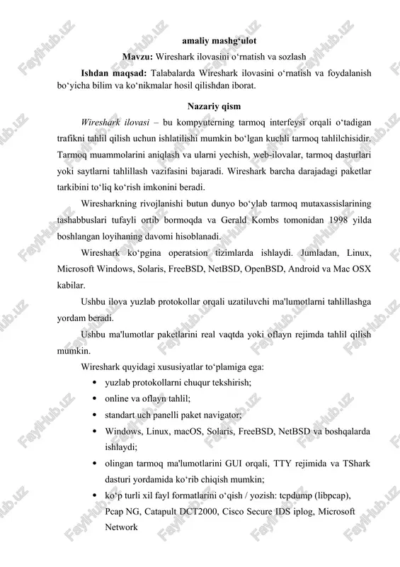 homiti / finisar surveyor, tektronix k12xx, visual networks time up visual, wildpackets etherpeek / tokenpeek / airopeek va boshqalar. · onlayn ma’lumotlarni ethernet, ieee 802.11, ppp / hdlc, atm, bluetooth, usb, token ring, frame relay, fddi va boshqalardan o‘qish mumkin (platformaga qarab). · xml, postscript®, csv yoki oddiy matnga eksport qilinishi mumkin. amaliy qism wireshark ilovasini o‘natishdan oldin otga mos razryadli ilovani tanlash talab qilinadi. ushbu jarayon 1.1-rasmda keltrilgan 1.1-rasm. ot zarzyadini tanlab olish oynasi keyingi qadamda esa tanlangan ilovani sozlash ketma-ketligi bajariladi. 1.2-rasm. ilovani o‘rnatish jarayoni wireshark ilovasini sozlashda ilovaning ma’lum parametrlari ham sozlaniladi. 1.3-rasm. litsenziyaga rozilik bildirish wireshark ilovasidan qo‘shimcha ilovalarni o‘rnatish jarayoni quyidagi rasmda keltirlgan. 1.4-rasm. qo‘shimcha vositalar qo‘shish qo‘shimcha vositalardan keyin fayl kengaytmalarni ham sozlanadi. 1.5-rasm. fayl kengaytmalari va yorliqlarni o‘rnatish tanlangan ilovalarni sozlashda, ularni saqlash uchun joy talab etiladi. 1.6-rasm. ilova o‘rnatilish joyini ko‘rsatish ilovalarni sozlangandan keyin, trafikni tahlil qilish vositalari sozlaniladi. 1.7-rasm. trafigni tahlil …