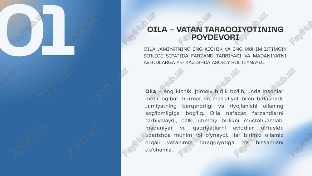 anim consequat c f tarbiyaviy funksiyasi yosh avlodni tarbiyalab, ularni mustaqil va mas’uliyatli shaxslar sifatida shakllantiradi. ma’naviy funksiyasi axloqiy qadriyatlar va urf-odatlarni shakllantirib, ruhiy boylik yaratadi. 04 oila va jamiyat: uzviy bog‘liqlik va o‘zaro ta’sir 01 02 03 04 mustahkam oila – barqaror jamiyatning poydevori tarbiya va yoshlarni shakllantirish oila yosh avlodning axloqiy va ijtimoiy tarbiyasida muhim o‘rin tutib, jamiyat kelajagini yaratadi. madaniyatni saqlash va rivojlantirish oilalar an’analar va qadriyatlarni avloddan-avlodga yetkazib, madaniyatni jonlantiradi va rivojlantiradi. jamiyat barqarorligi va ijtimoiy tartib oila jamiyatdagi tinchlik va tartibni saqlashda asosiy rol o‘ynaydi, ijtimoiy barqarorlikni ta’minlaydi. iqtisodiy rivojlanishga ko‘maklashish oilalar iqtisodiy faoliyatning asosiy bo‘g‘ini bo‘lib, mamlakatning iqtisodiy taraqqiyotiga hissa qo‘shadi. 05 vatan taraqqiyotida oilaning kuchi oilamiz – milliy qadriyatlar va yoshlar tarbiyasining beqiyos manbai oila vatanimiz taraqqiyotining mustahkam ijtimoiy poydevoridir. oilada yoshlar axloqiy va ma’naviy jihatdan tarbiyalanib, milliy qadriyatlar chuqur singdiriladi. mustahkam oilalar yoshlarni jamiyatga foydali, mas’uliyatli shaxslar qilib yetishtiradi. shu bilan birga, …