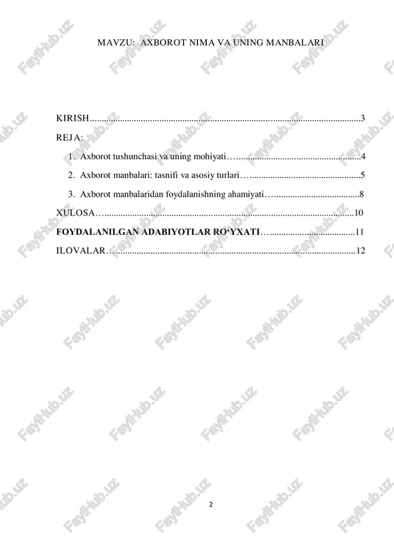 iqtisodiyot, sanoat, sog‘liqni saqlash va boshqa ko‘plab sohalarda muvaffaqiyat va rivojlanishning asosiy omili hisoblanadi. axborot manbalari esa ushbu ma’lumotlarni olish va uzatishda asosiy vositalar hisoblanadi. manbalar sifatining o‘rni juda katta — ular orqali olinadigan axborotning to‘g‘riligiga, dolzarbligiga va to‘liqligiga bog‘liq holda, natijalar ham samarali yoki aksincha noto‘g‘ri bo‘lishi mumkin. shuning uchun har bir tadqiqotchi, mutaxassis va oddiy foydalanuvchi uchun axborot manbalarini to‘g‘ri tanlash, baholash va foydalanish ko‘nikmalari zarurdir. ushbu ishda axborot tushunchasi, uning turlari va shakllari haqida batafsil ma’lumot berilib, axborot manbalarining tasnifi, ularning xususiyatlari va zamonaviy davrda qo‘llanilishi ko‘rib chiqiladi. shuningdek, axborot manbalarining samarali boshqarilishi va ulardan foydalanishning zamonaviy usullari tahlil qilinadi. bu esa axborot bilan ishlash madaniyatini oshirish, ilmiy va amaliy faoliyatlarda yuqori samaradorlikka erishish imkonini beradi. 1 o‘zbekiston respublikasi “axborot sohasidagi asosiy qonunlari”, 2019 4 1. axborot tushunchasi va uning mohiyati axborot atamasi ko‘p qirralidir va turli sohalarda o‘ziga xos talqinlarga ega. umuman olganda, axborot — bu …
