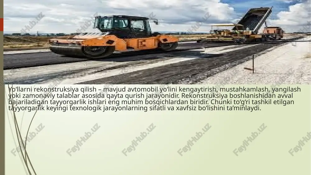 ma’lumotlar asosida: yo‘lning yangi kengligi, qoplama turi, profil va yo‘nalish loyihalanadi. qo‘shimcha inshootlar (drenaj, xavfsizlik elementlari, piyodalar yo‘laklari) rejalashtiriladi. texnologik ketma-ketlik, ish uchun zarur texnika va materiallar ro‘yxati tuziladi. smeta (xarajatlar hisob-kitobi) tayyorlanadi. qurilish maydonini tayyorlash rekonstruksiya boshlanishidan oldin hudud tozalanadi: yo‘l bo‘yidagi o‘simliklar, butalar tozalanadi. eski yo‘l belgilari, panjaralar, to‘siqlar olib tashlanadi. qurilish texnikasi harakati uchun vaqtinchalik yo‘llar tashkil etiladi. suv va elektr ta’minoti uchun vaqtinchalik tarmoqlar o‘rnatiladi. transport harakatini vaqtincha tashkil qilish rekonstruksiya qilingan davomida xavfsizlik birinchi o‘rinda turadi: aylanma yo‘llar yaratiladi. maxsus yo‘l belgilar, chiroqlar, ogohlantiruvchi to‘siqlar o‘rnatiladi. xavfsizlik bo‘yicha vaqtinchalik sxema ishlab chiqiladi. yo‘l qurilishida ishlayotgan xodimlarning xavfsizligi ta’minlanadi. eski qoplamani o‘rganish va demontajga tayyorgarlik agar eski qatlam to‘liq almashtirilsa: qoplamaning qalinligi va holati aniqlanadi. qoplamani kesish joylari belgilanadi. kerakli maxsus texnika (frezalash mashinalari, ekskavatorlar) tayyorlanadi. xulosa yo‘llarni rekonstruksiya qilishdagi tayyorgarlik ishlari butun jarayonning boshlang‘ich va eng muhim bosqichidir. to‘g‘ri o‘tkazilgan tayyorgarlik: qurilish sifatini oshiradi, muddatlarni …