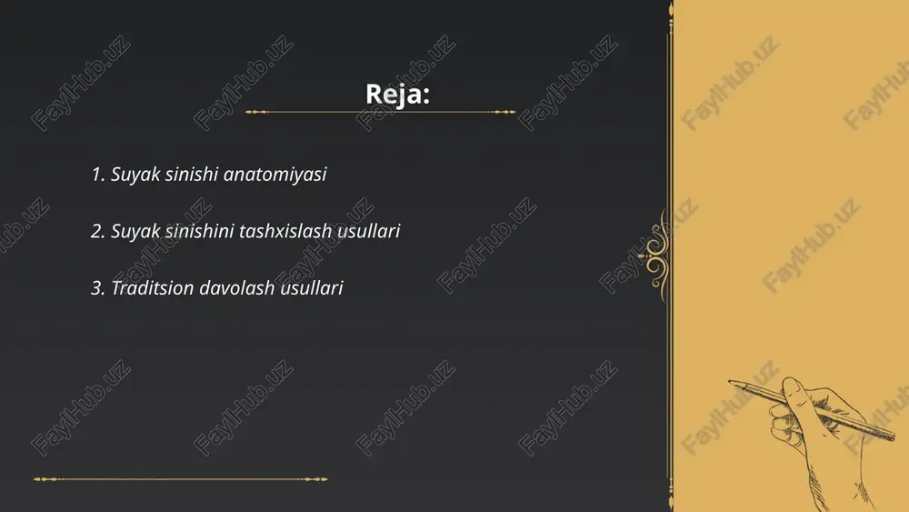 a bilan mustahkamlash usuli konstruksiyalarni bardoshli qilish uchun ishlatiladi. ushbu texnologiya, ayniqsa, binolar va ko'priklar kabi yirik inshootlarda qo'llaniladi. metall plastinkalar po'lat yoki alyuminiy kabi materiallardan tayyorlanadi. ular qismlarni birlashtirib, yukni teng taqsimlash va kuchlanishini kamaytirishga yordam beradi. mustahkamlash jarayonida odatda lazer yoki ultratovushli payvandlash usullari qo'llaniladi. bunday mustahkamlash usullari ishlab chiqarish vaqtini 30% gacha qisqartirishi va xarajatlarni 20% gacha kamaytirishi mumkin. plastinka qalinligi odatda 5 mm dan 25 mm gacha bo'ladi, materialning zichligi esa 7850 kg/m³ dan oshmasligi kerak. bu usul muhandislikda keng qo'llaniladi, chunki u ishonchlilik va uzoq muddatli bardoshlikni ta’minlaydi. ... t.me/slaydai_bot 2. suyak sinishini tashxislash usullari suyak sinishini tashxislash usullari suyakning holatini aniqlashda muhim rol o'ynaydi. rentgenografiya suyak sinishini tashxislashda asosiy usul bo'lib, suyakdagi yoriqlar va sinishlarni aniq ko'rsatadi. kompyuter tomografiyasi (kt) esa murakkab sinishlar yoki suyakning nozik strukturalarini batafsilroq o'rganish uchun qo'llaniladi. magnit-rezonans tomografiyasi (mrt) yumshoq to'qimalar bilan birgalikda suyak sinishlarini, ayniqsa suyak atrafidagi pay …