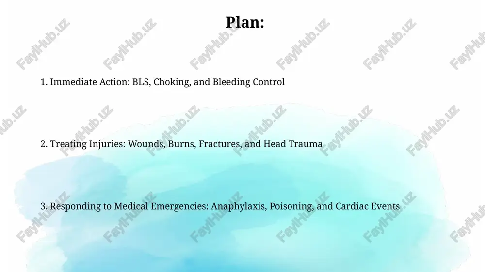e wound, control minor bleeding, and prevent further contamination; change the bandage every 24 hours, or when soiled. bleeding control: stopping the flow apply direct pressure using clean materials like sterile gauze for at least 5 minutes to allow clotting factors to initiate the coagulation cascade effectively. tourniquets are for life-threatening bleeds in extremities; apply 2-3 inches above the wound, tighten until bleeding stops, and note the application time precisely. burns: assessing and treating burn injuries the 'rule of nines' estimates the total body surface area (tbsa) affected by burns; for adults, each arm is 9%, the torso front/back are 18% each, a leg is 18%, and the head is 9%. cool running water should be applied for 10-20 minutes to first and second-degree burns to reduce the skin temperature; never use ice, butter, or ointments, as these can worsen the injury. fractures, sprains, and strains: immobilization techniques for suspected …
