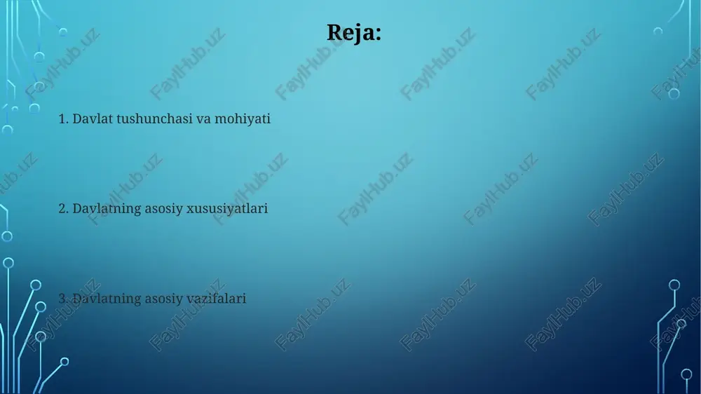 davlat siyosatini shakllantirishda 5 dan ortiq muhim maslahat va yordamchi organlarni o'z ichiga oladi. davlatning ichki funksiyalari davlatning ichki funksiyalaridan biri iqtisodiy tartibga solishdir, bunda soliq siyosati orqali byudjet daromadlarini ta'minlash va iqtisodiy o'sishni rag'batlantirish muhim ahamiyatga ega. ijtimoiy himoya funksiyasi aholining zaif qatlamlarini qo'llab-quvvatlashni, jumladan pensiya ta'minoti, nafaqalar to'lash va 12 yillik majburiy ta'limni kafolatlashni o'z ichiga oladi. davlatning tashqi funksiyalari davlatning tashqi funksiyalaridan biri - 193 davlat a'zo bo'lgan bmt kabi xalqaro tashkilotlarda davlatning manfaatlarini himoya qilish va unda faol ishtirok etishdir. davlatning tashqi funksiyasi, shuningdek, boshqa davlatlar bilan ikki tomonlama va ko'p tomonlama shartnomalar tuzish, masalan, 20 dan ortiq davlat bilan savdo aloqalarini o'rnatishni o'z ichiga oladi. davlatning ijtimoiy-iqtisodiy roli davlat 20-asr davomida ijtimoiy ta'minot dasturlari orqali kam ta'minlangan aholi qatlamini qo'llab-quvvatlash, pensiya va nafaqalar to'lash orqali ijtimoiy tengsizlikni kamaytirishga intiladi. davlat, ayniqsa, 21-asrda infratuzilmani rivojlantirish, energetika, transport va kommunikatsiyalarga investitsiya kiritish orqali iqtisodiy o'sishni rag'batlantiradi va …