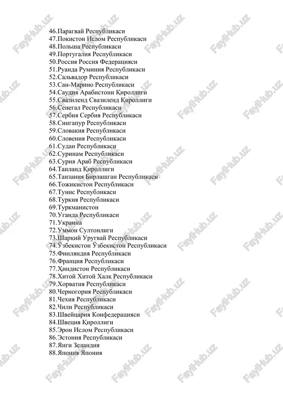 antsiya respublikasi 77. hindiston respublikasi 78. xitoy xitoy xalq respublikasi 79. xorvatiya respublikasi 80. chernogoriya respublikasi 81. chexiya respublikasi 82. chili respublikasi 83. shveytsariya konfederatsiyasi 84. shvetsiya qirolligi 85. eron islom respublikasi 86. estoniya respublikasi 87. yangi zelandiya 88. yaponiya yaponiya assalomu alaykum hurmatli talabalar jami bmt tomonidan tan olingan 192 ta davlat orasidan ma'lumotlarni topish imkoniyatini mavjud bo'lgan 82 tasini qoldirdim. siz shu mamlakatlar orasidan 1 ta mamlakatni tanlab olgan holda quyidagi ko'rsatkichlar bo'yicha ma'lumotlarni umumlashtirib mustaqil ish tayyorlab kelishngiz lozim!!! 1. mamlakat yaim ning o'sish sur'atini aholi jon boshiga taqsimoti va uning ta'minlashning sifat ko'rsatkichlari (yaim qaysi tarmoq rivojlanishi hisobiga ortib borayapdi); 2. mamlakat iqtisodiyotining tuzilmaviy tarkibi; 3. mamlakatning tashqi iqtisodiy faoliyati va uning rivojlanish omillari; 4. mamlakat byudjet-soliq tizimi; 5. mamlakat iqtisodiyotida ilmiy-texnik taraqqiyot darajasi; 6. tadbirkorlik muhiti va uni tashkil etish tizimi; 7. mamlakat pul-kredit siyosatini amalga oshirish tizimi; 8. mamlakat tashqi savdo va to'lov balansi …